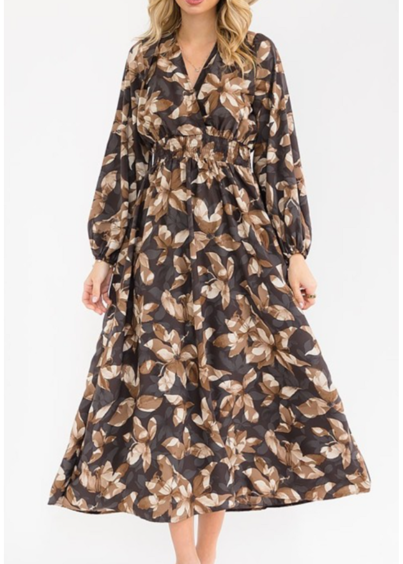 RSRIWT6270-2 LONG SLEEVE SURPLICE ELASTIC WAIST FLORAL MAXI DRESS