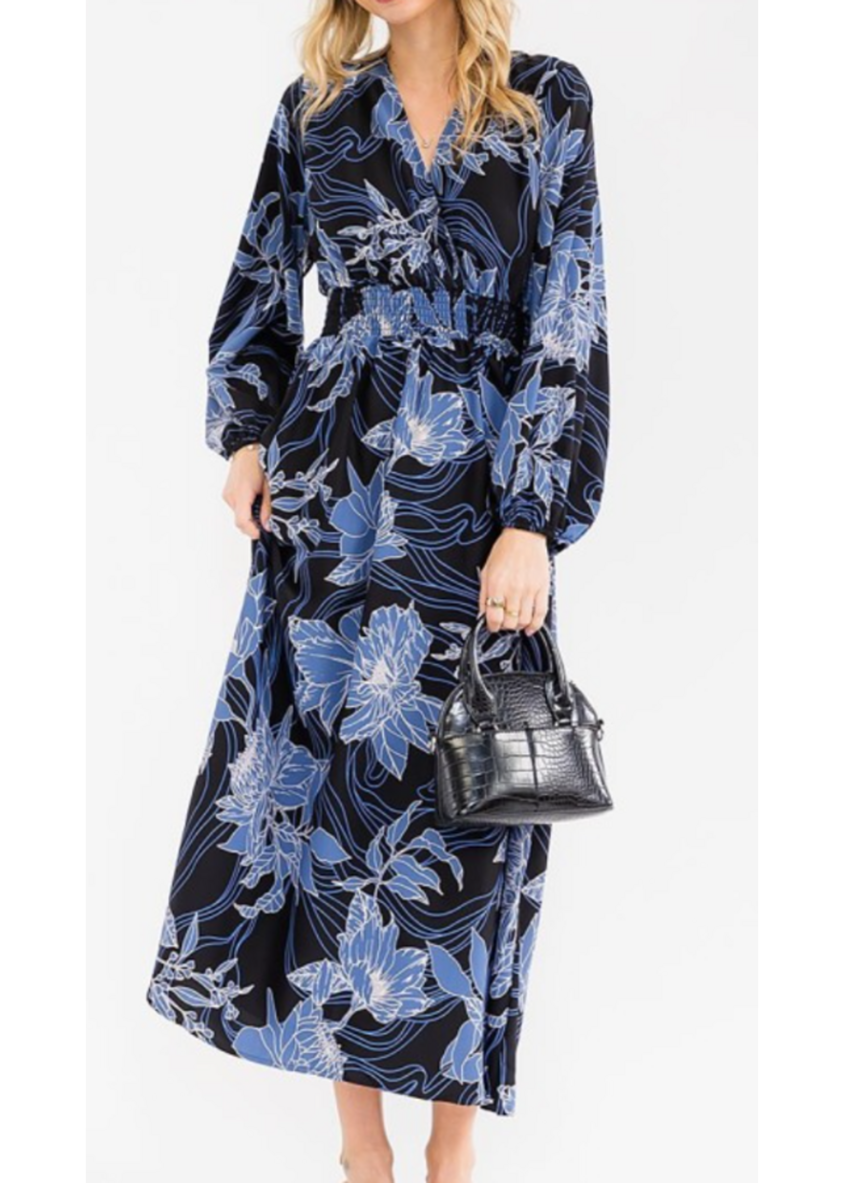 RSRIWT6273-3 LONG SLEEV VNECK SMOCK WAIST FLORAL MAXI DRESS