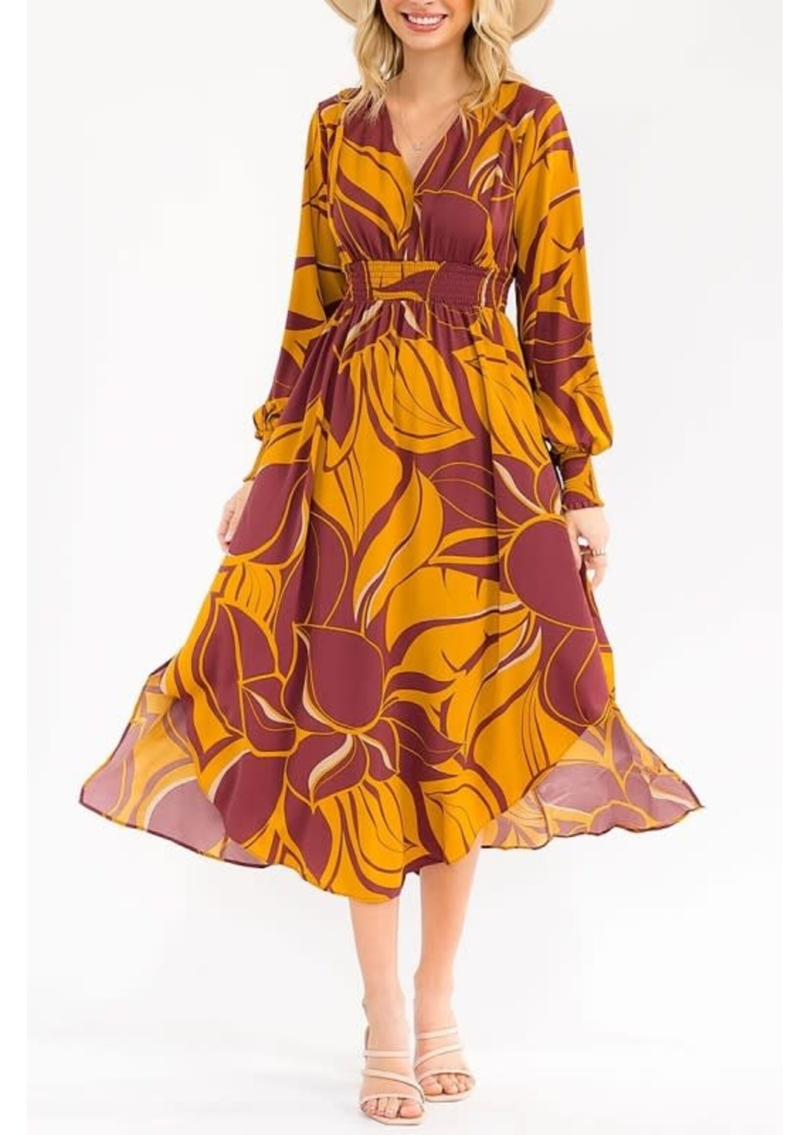RSRIWT6276-3 LONG SLEEVE VNECK SMOCK WAIST FLORAL MAXI DRESS