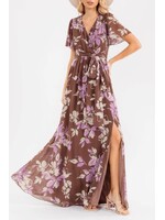 RSRIWT6409-3 SHORT SLEEVE SIDE SLIT SELF-TIE FLORAL MAXI DRESS