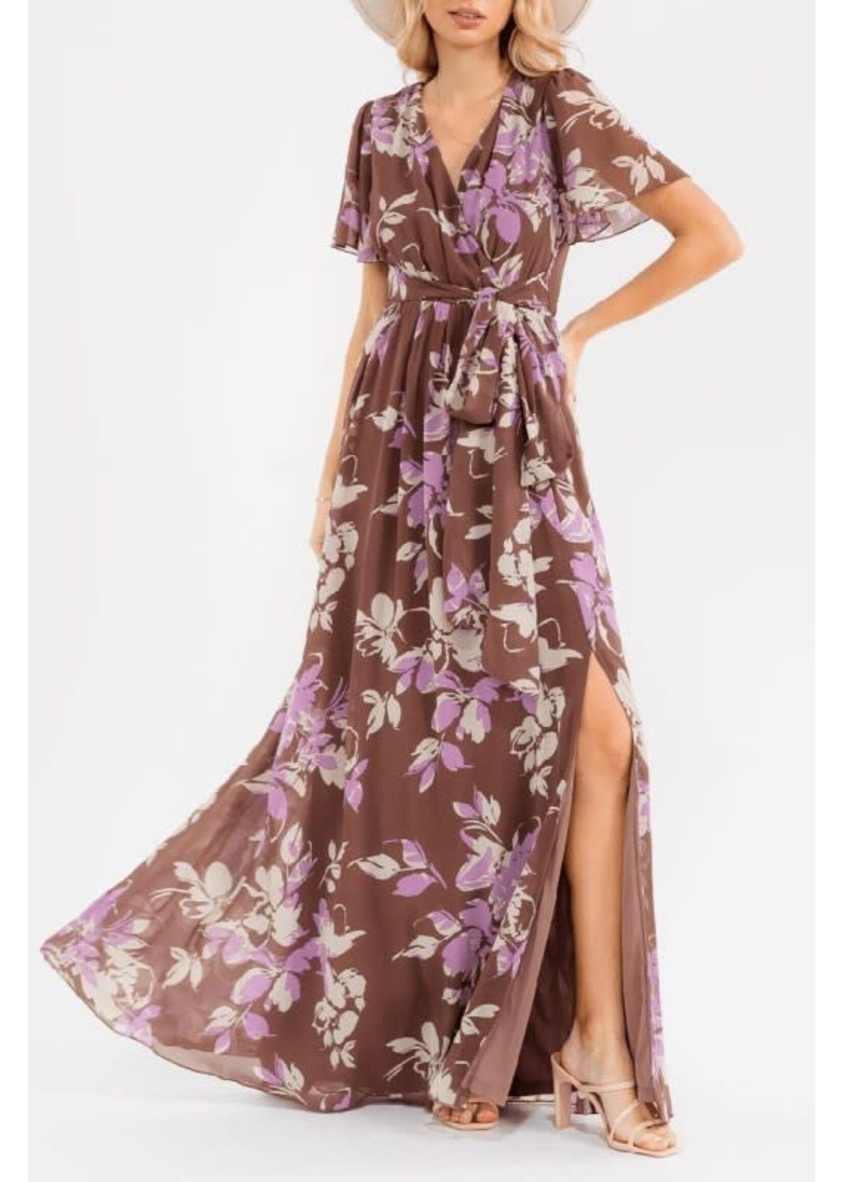 RSRIWT6409-3 SHORT SLEEVE SIDE SLIT SELF-TIE FLORAL MAXI DRESS