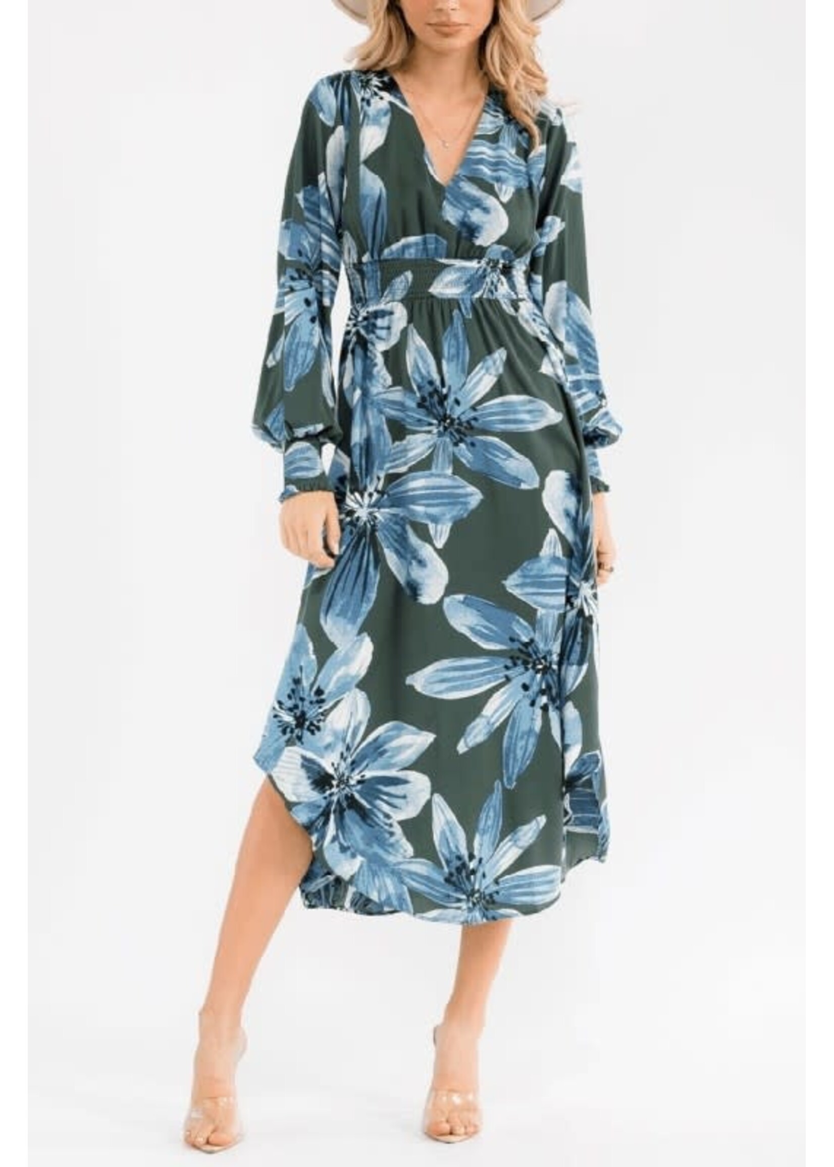 RSRIWT6707-2 LONG SLEEVE VNECK SMOCK WAIST FLORAL MAXI DRESS