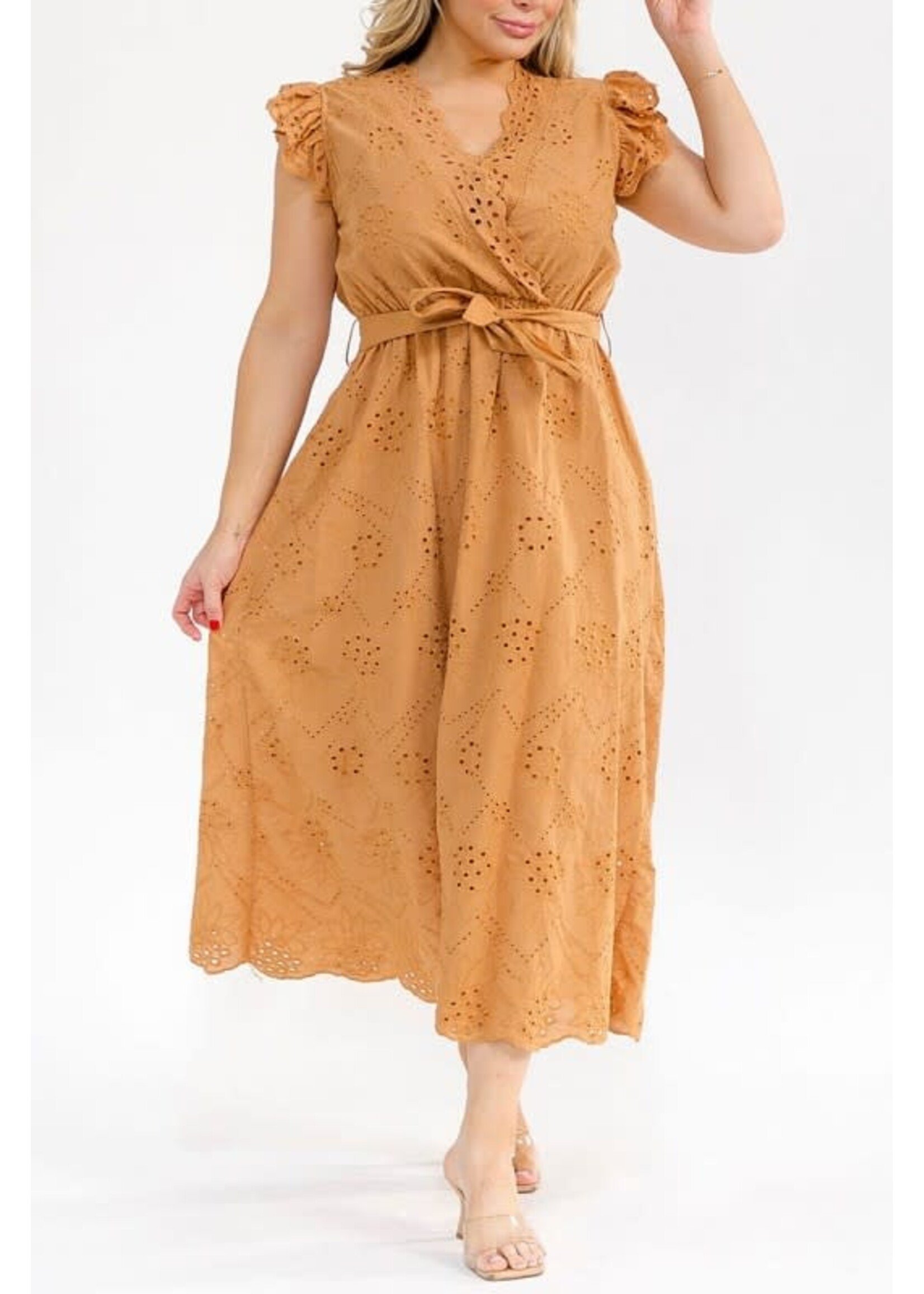 RSRIWT6932 - RUFFLE SLEEVE ELASTIC WAIST EYELET MAXI DRESS