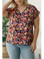 RSRUBM2267 - VNECK ROLLED SLLEVE FLORAL TOP