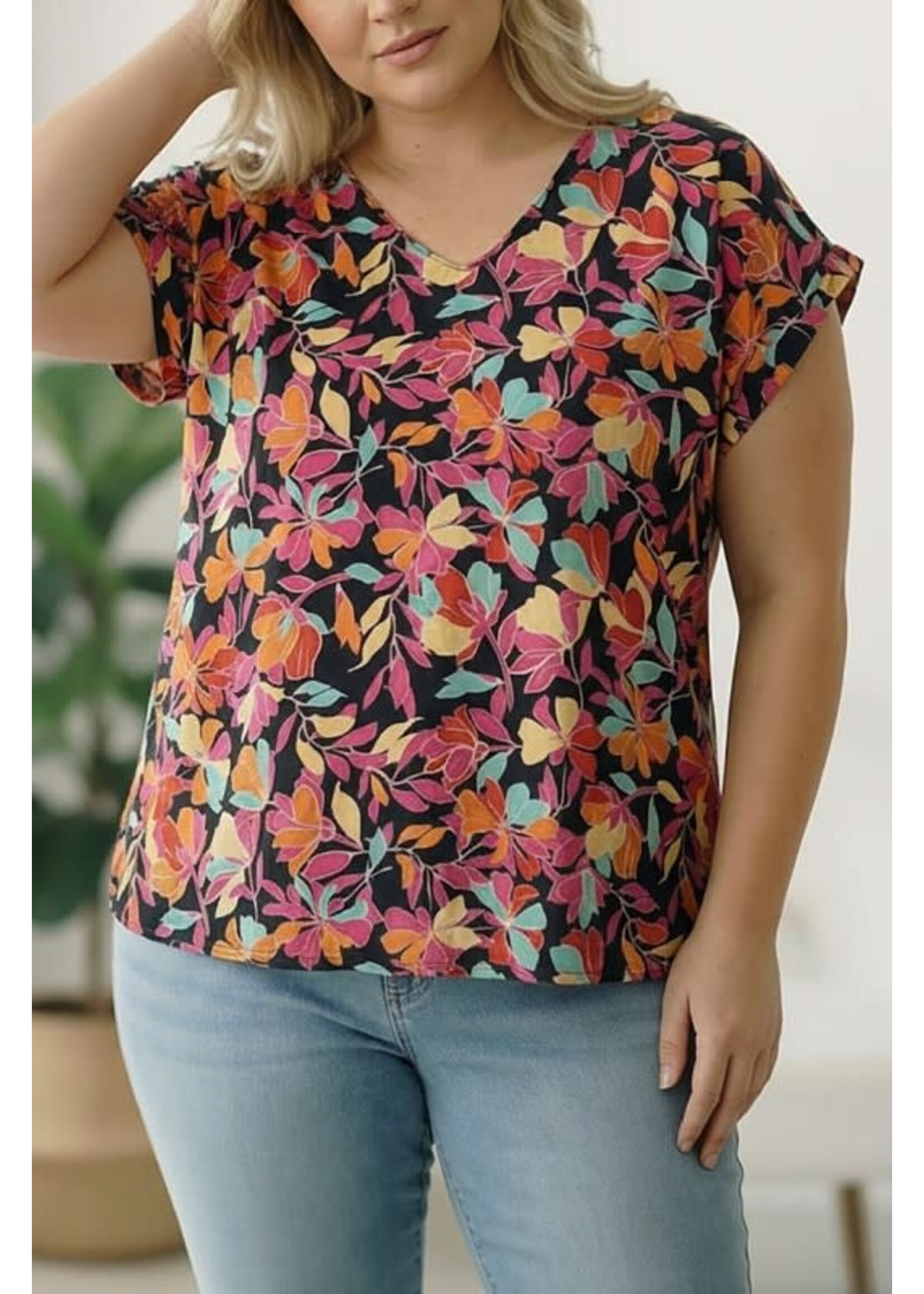 RSRUBM2267 - VNECK ROLLED SLLEVE FLORAL TOP