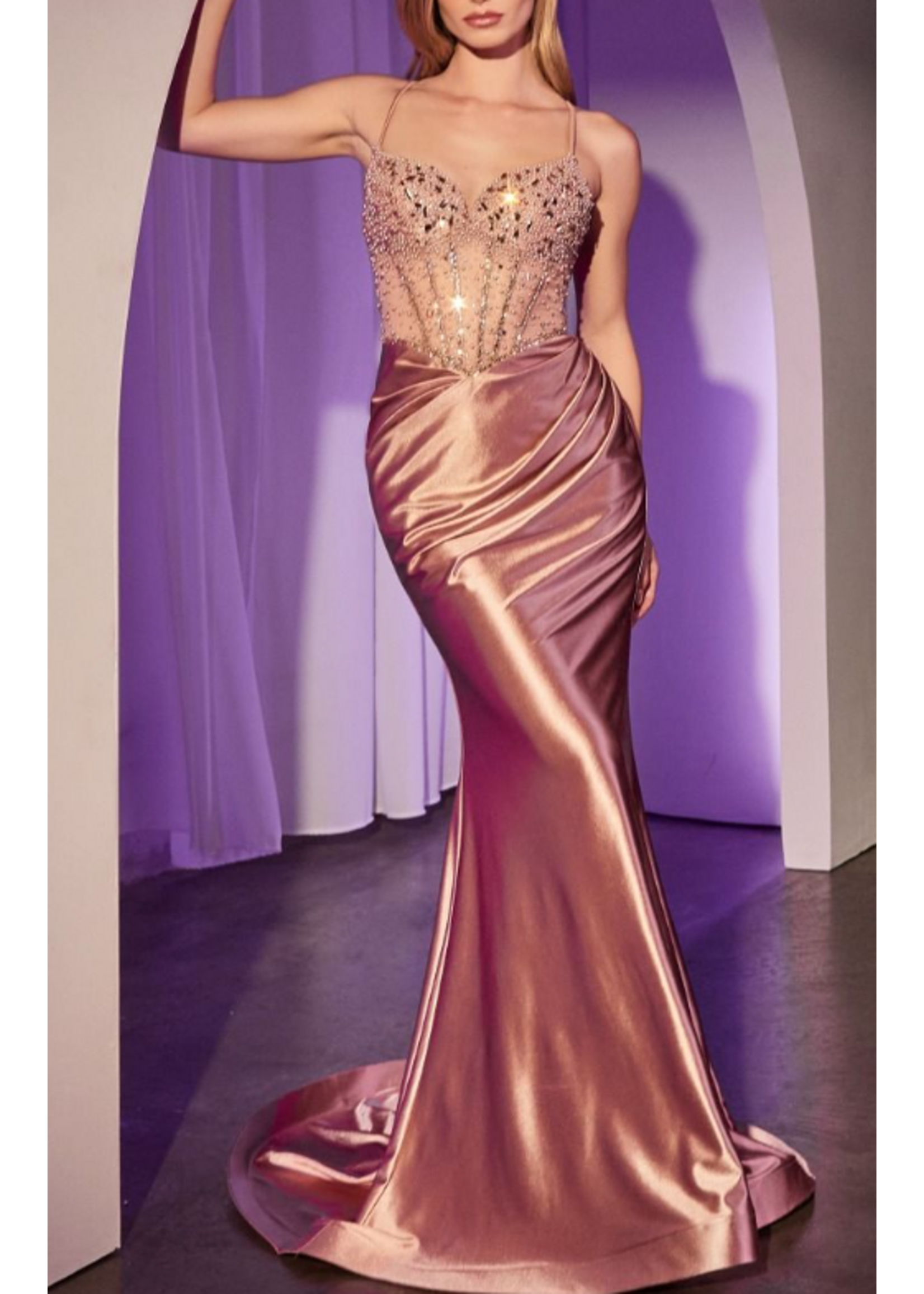 LDCC8884 - FITTED ROSE GOLD SATIN DRESS WITH BEADED BODICE