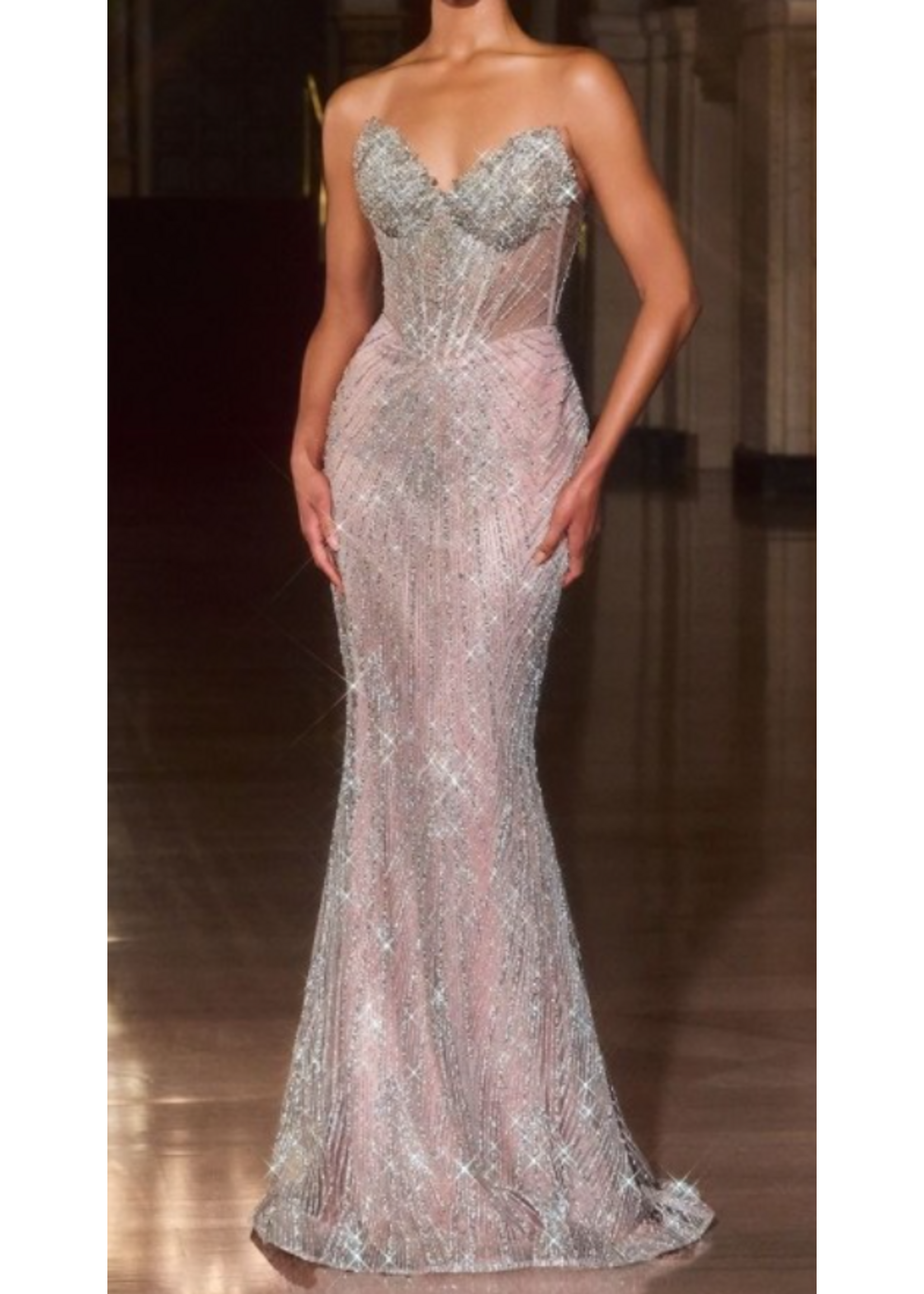 LDJ903 - FITTED GOWN W SWEETHEART NECKLINE W INTRICATECRYSTAL & BEAD EMBELISHMENTS