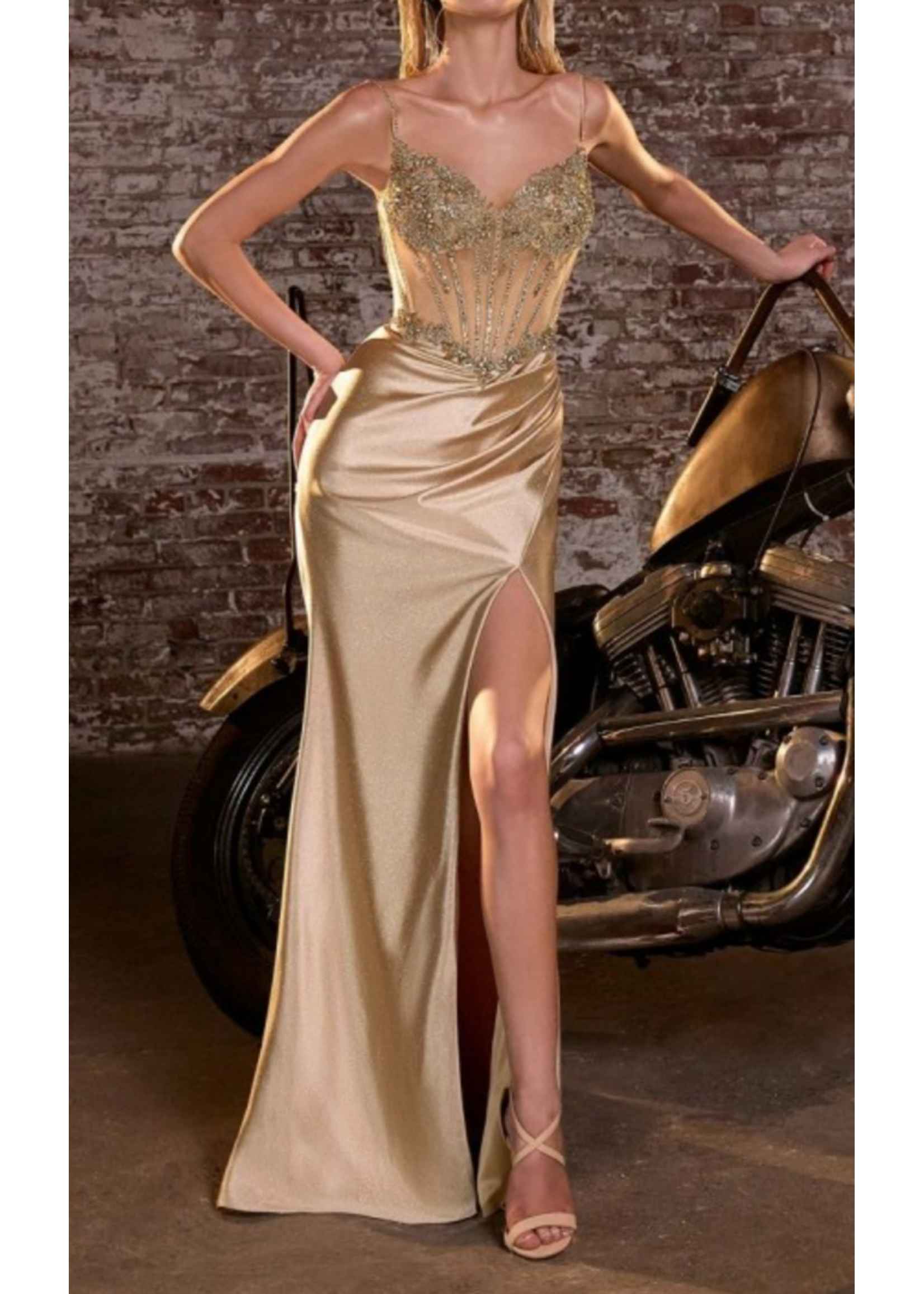 LDCC408 - EVENING GOWN W Spaghetti Straps, Sheer Corset W Sstretch Satin Skirt and High Slit