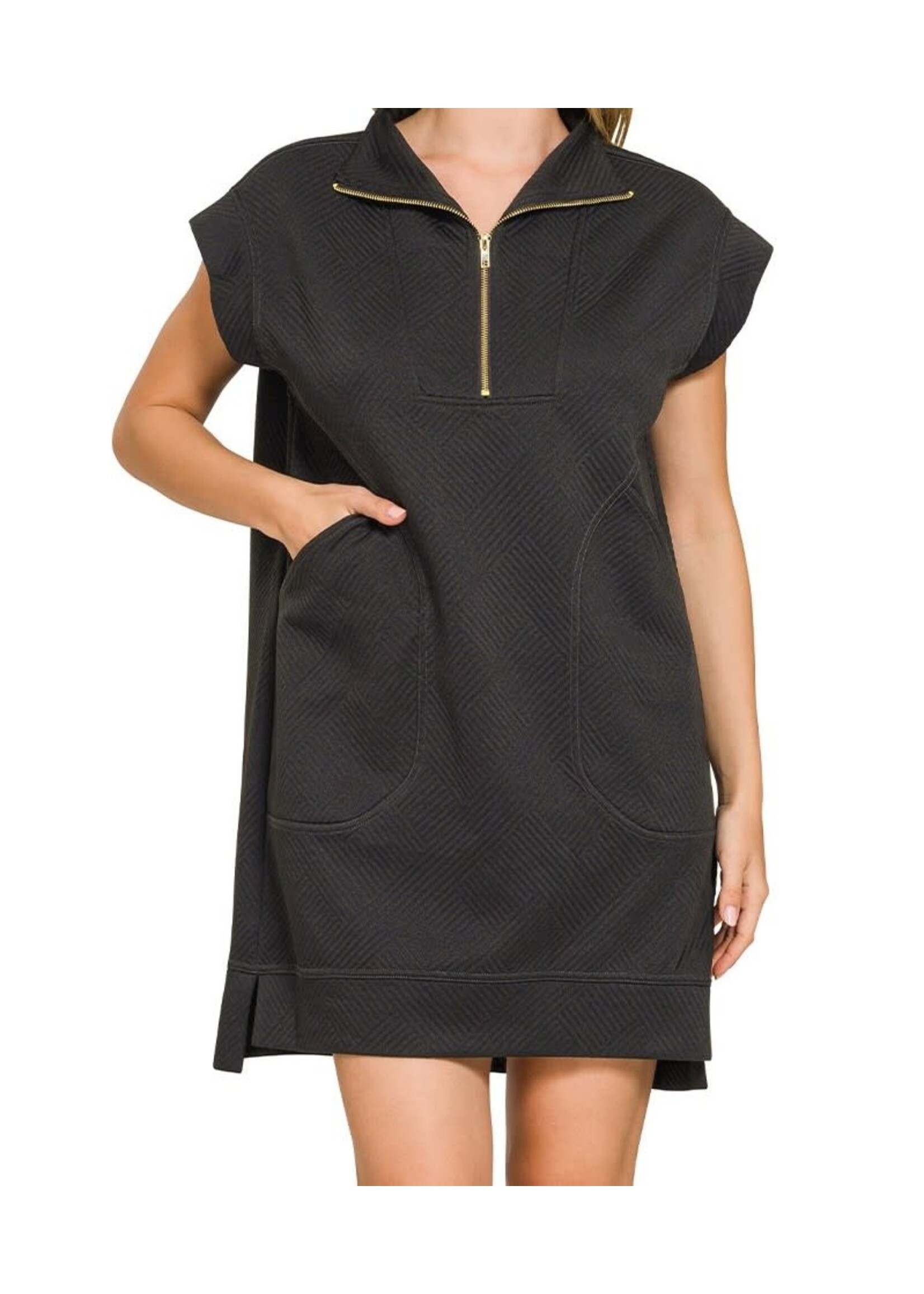 ZNPS7540Y - TEXTURED KNIT JACQUARD QUARTER ZIP DRESS