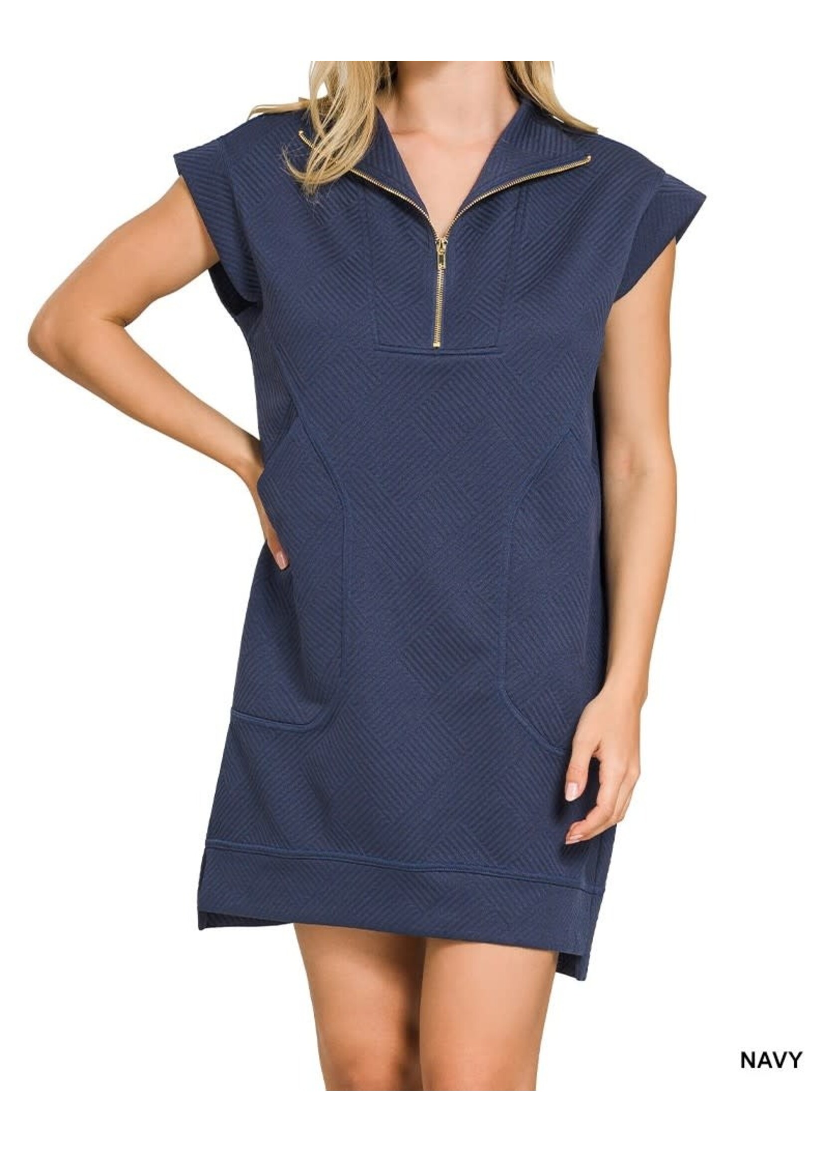 ZNPS7540Y - TEXTURED KNIT JACQUARD QUARTER ZIP DRESS
