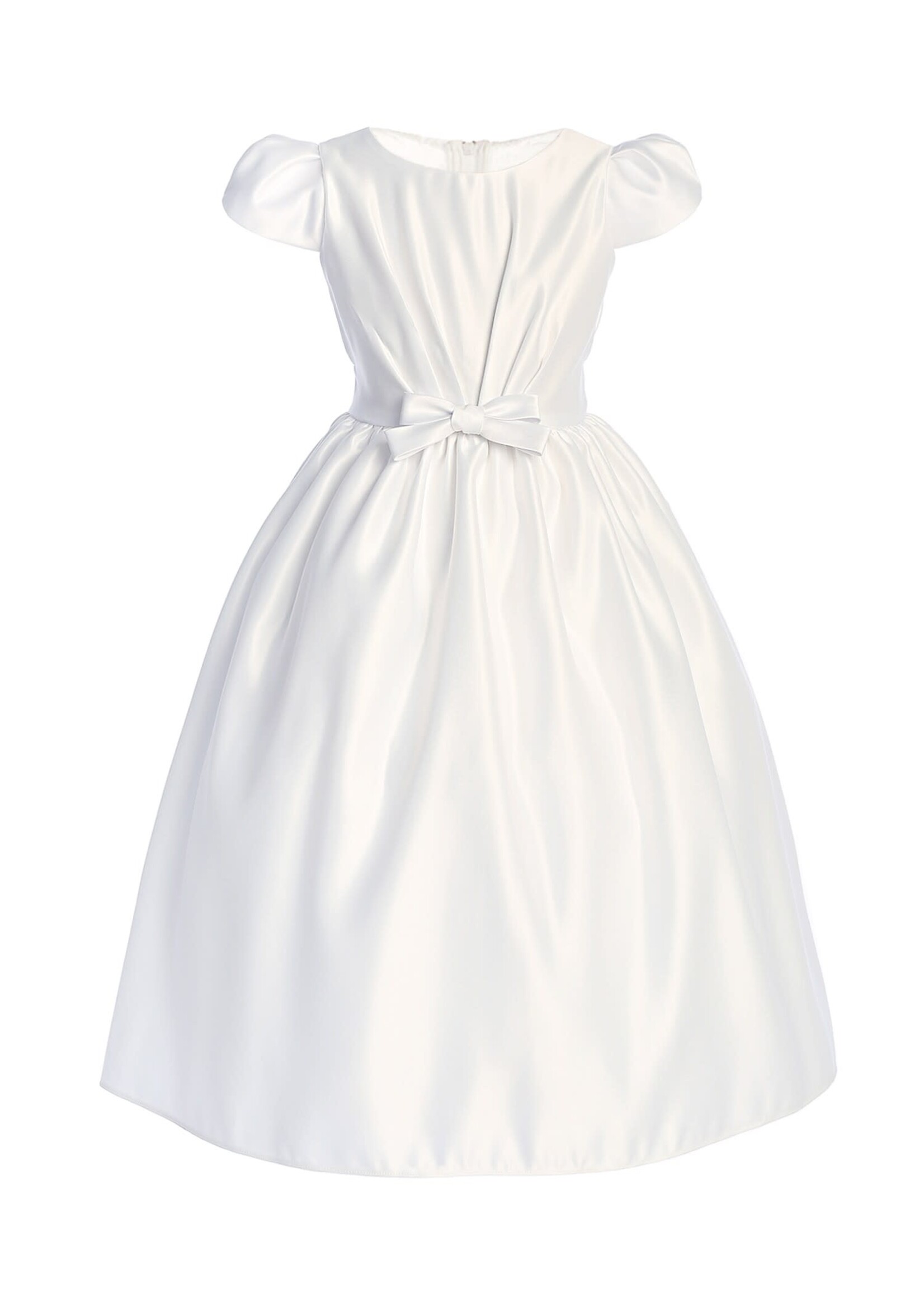 SKSK1010A - SATIN DRESS W/ PLEATED TOP, CAP SLEEVES, DOUBLE BOW