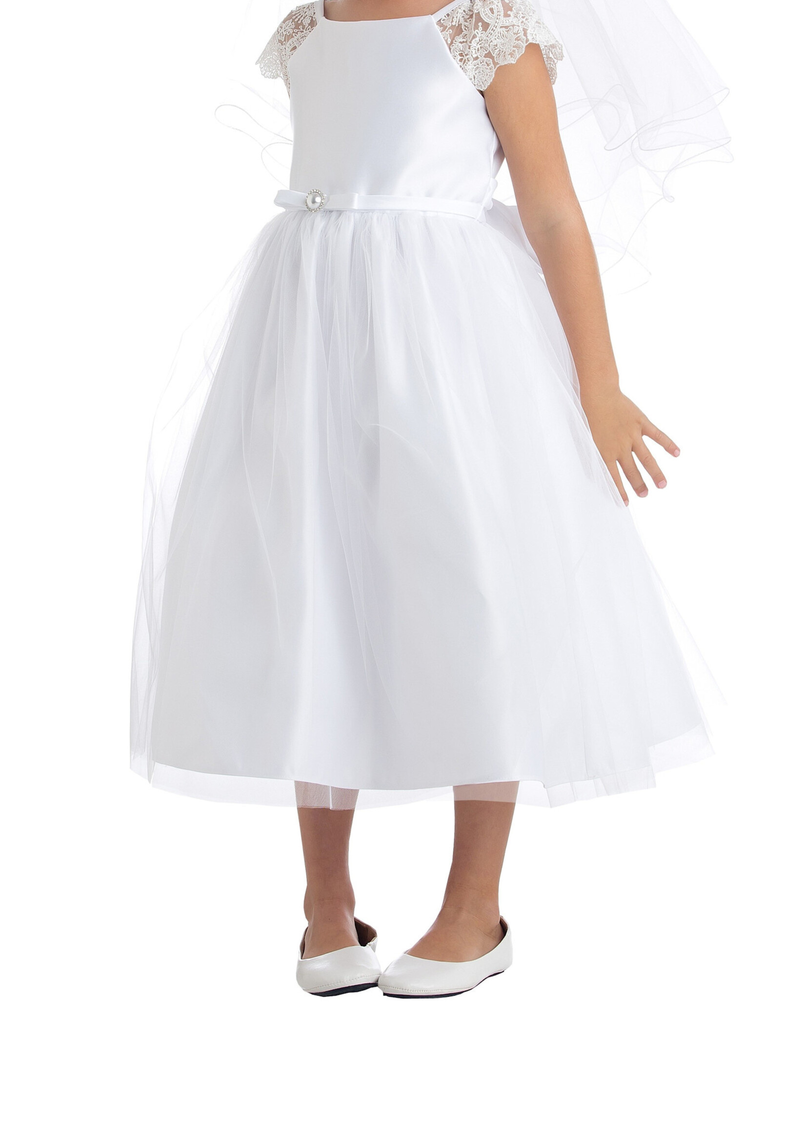 SKSK621 - SATIN & TULLE DRESS W/ LACE SCALLOPED SLEEVES