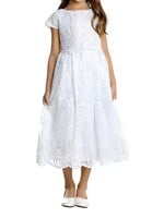 SKSK946A - SEQUIN FLORAL LACE DRESS CAP SLEEVES, SCALLOPED HEM