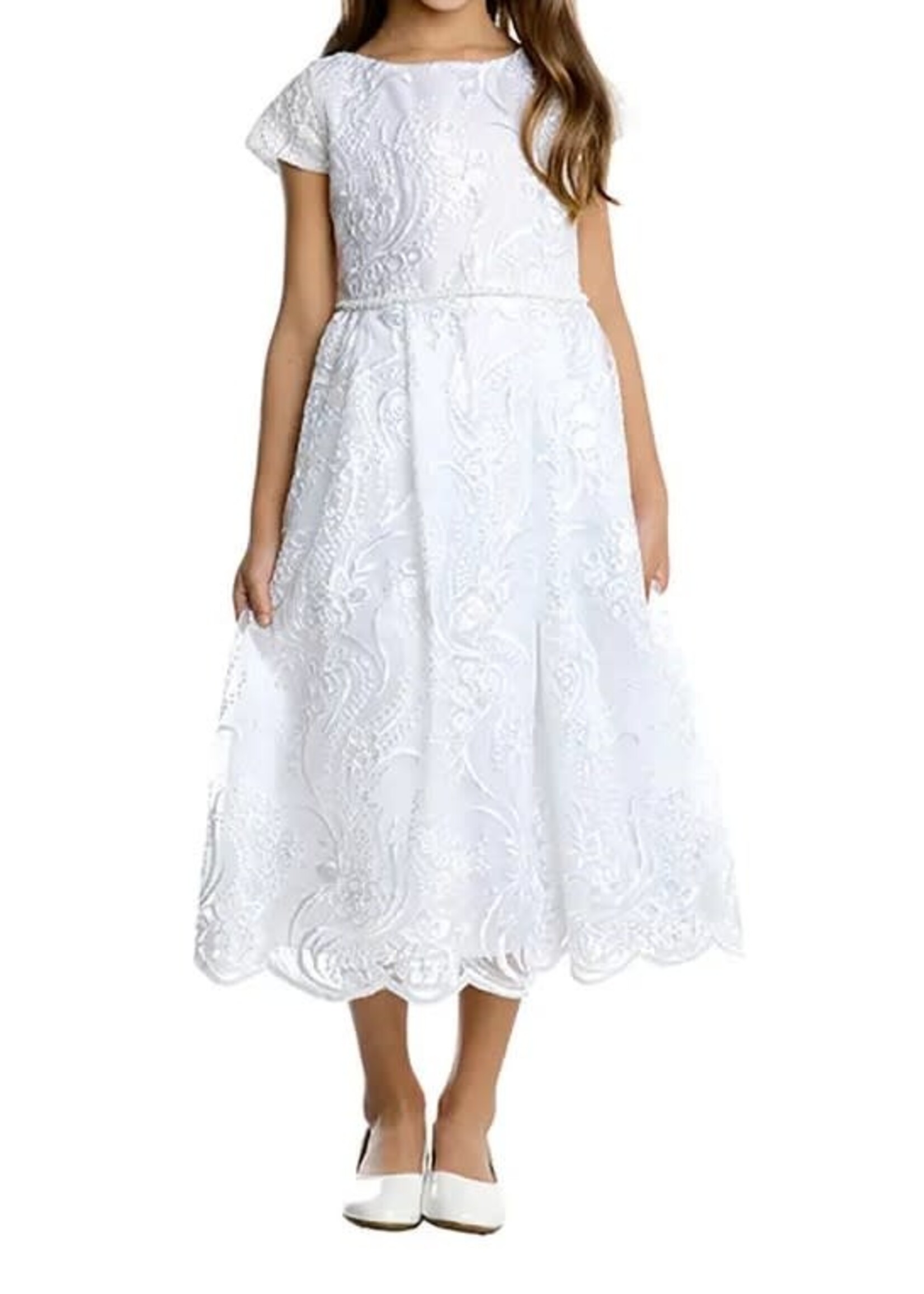 SKSK946A - SEQUIN FLORAL LACE DRESS CAP SLEEVES, SCALLOPED HEM