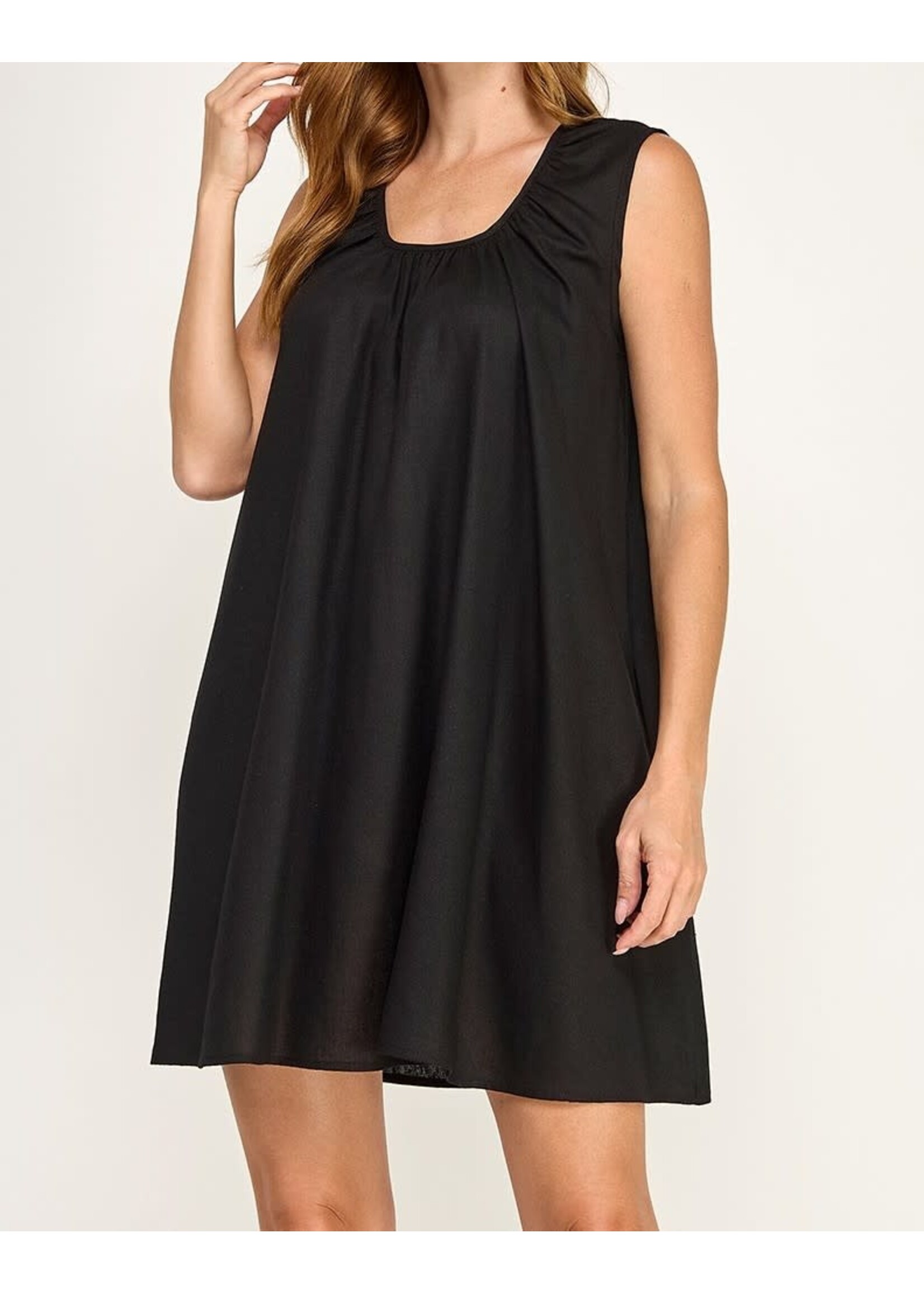 2HD4160 - LINEN SWING DRESS SLEEVLESS SCOOP NECK SHIRRING DETAIL