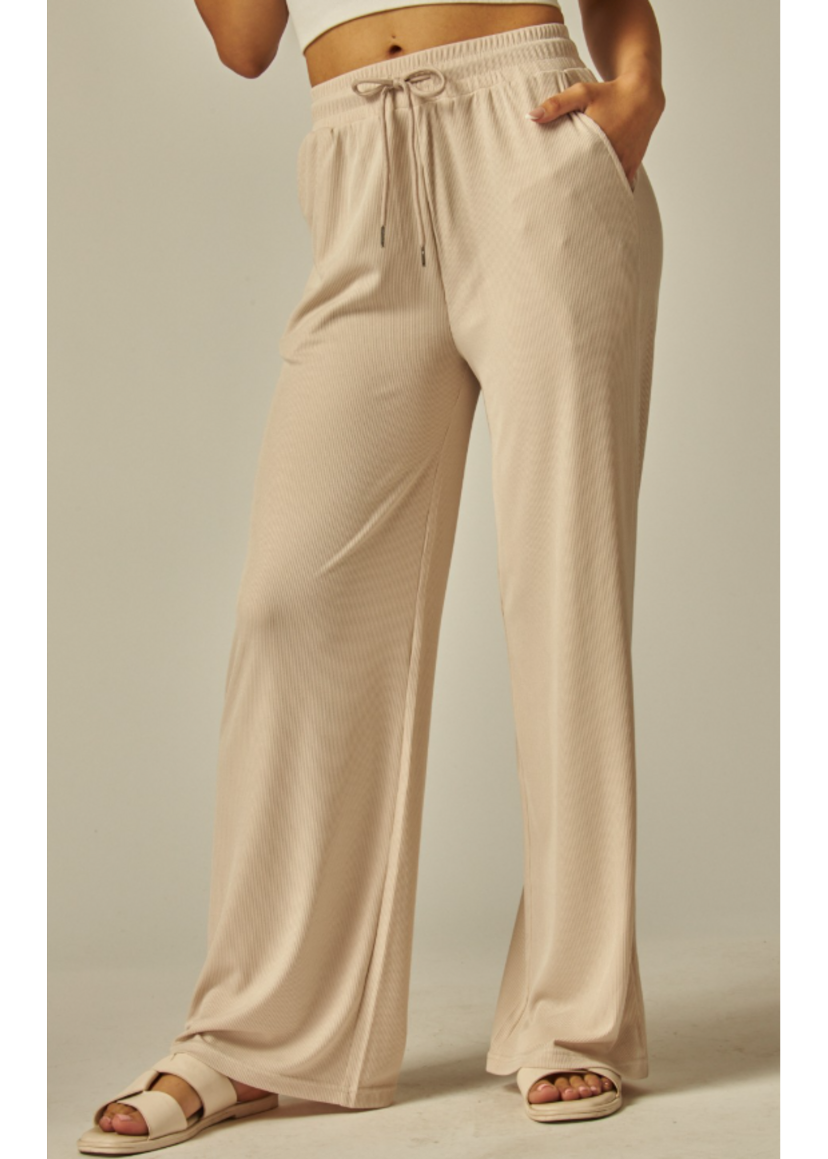 LPEVE01 - STRETCHY RIBBED DRAWSTRING WIDE LEG PANT