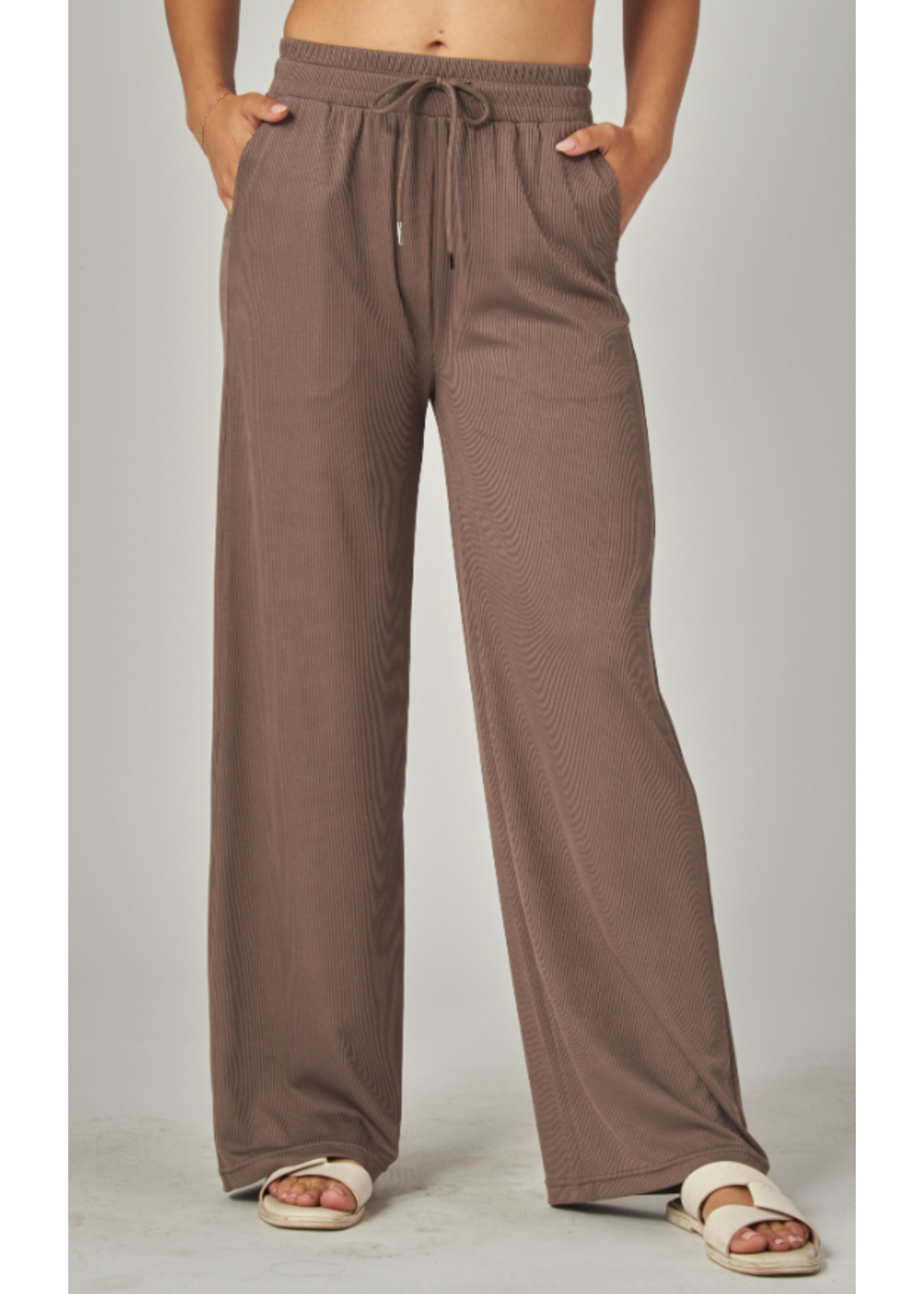 LPEVE01 - STRETCHY RIBBED DRAWSTRING WIDE LEG PANT