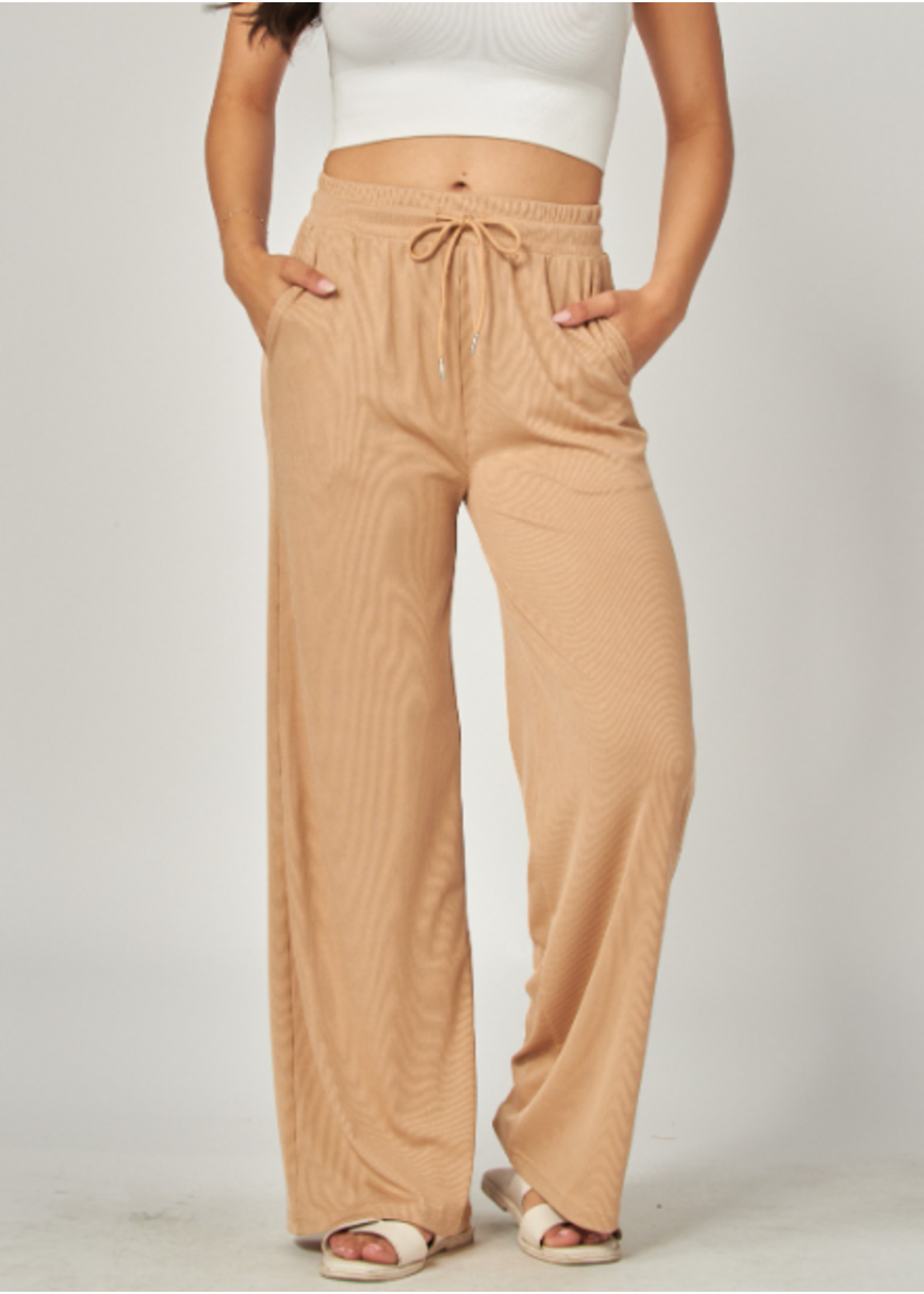 LPEVE01 - STRETCHY RIBBED DRAWSTRING WIDE LEG PANT