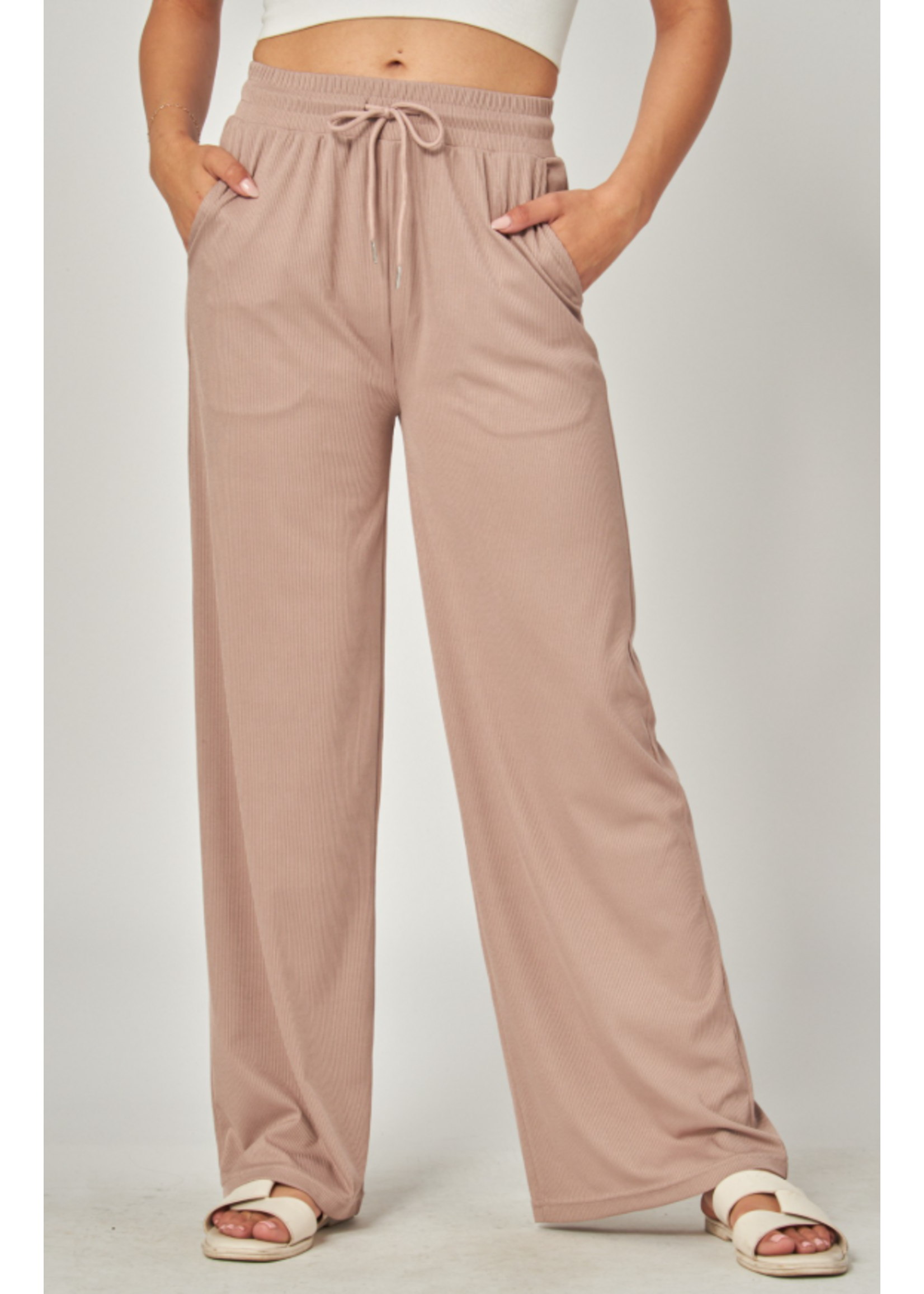 LPEVE01 - STRETCHY RIBBED DRAWSTRING WIDE LEG PANT