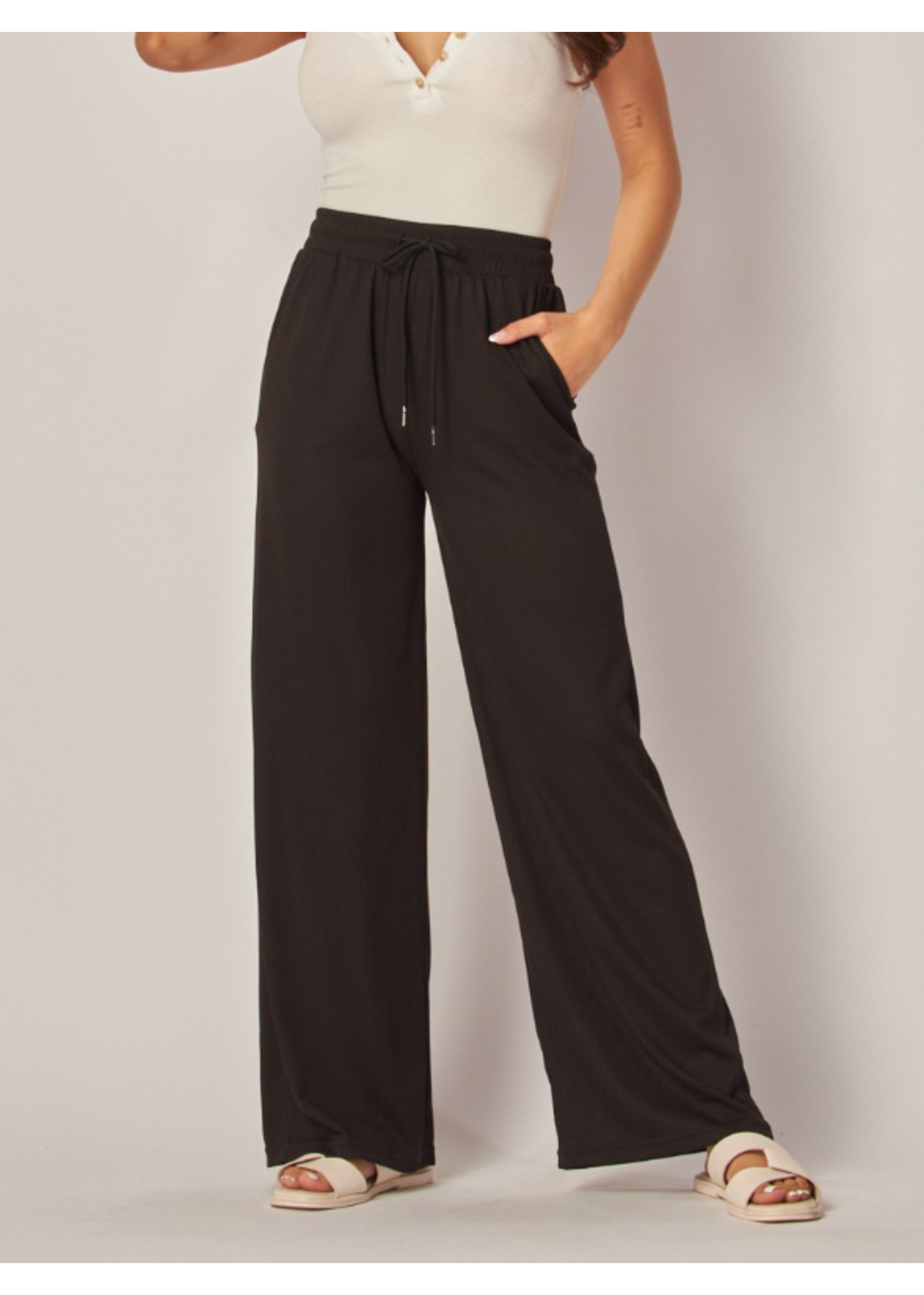 LPEVE01 - STRETCHY RIBBED DRAWSTRING WIDE LEG PANT