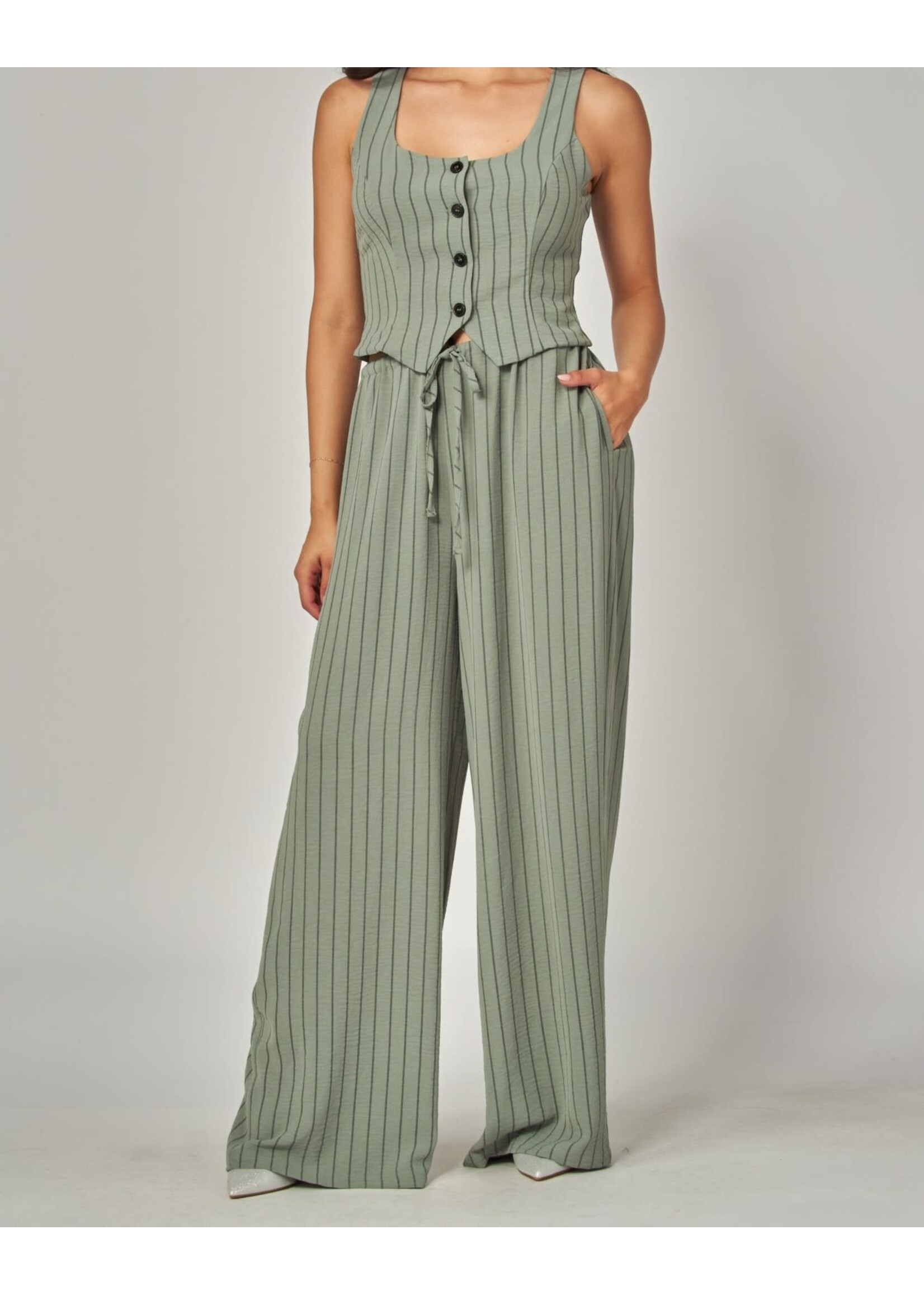LPIRINA0203 - PINSTRIPE WOVEN 2PC SET / CLASSIC VEST W/ WIDE LEG PANTS