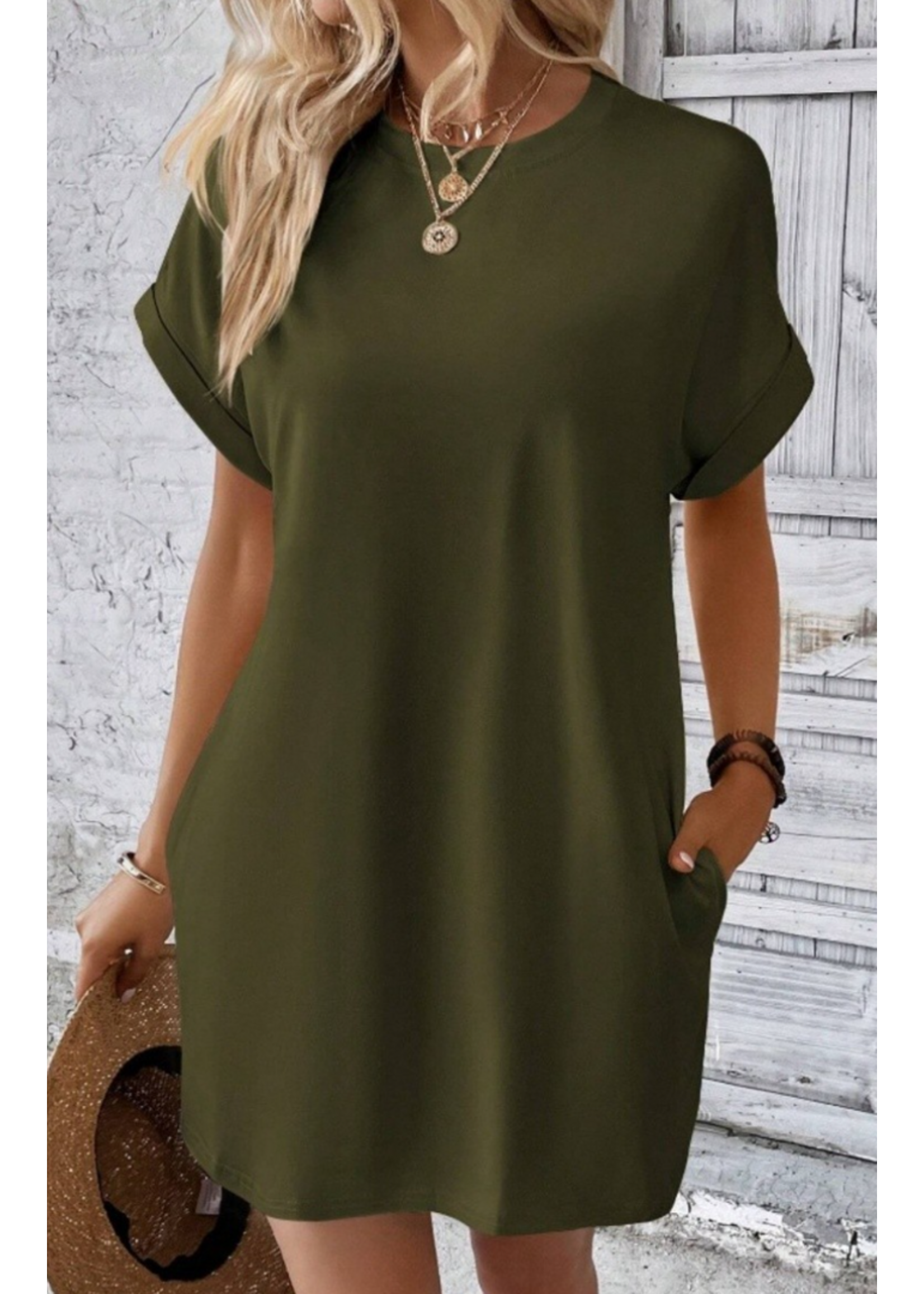 AWJTM0161 - Casual Solid Color T-shirt Dress With Pockets