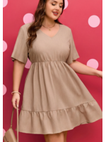 AWPL61349 - Plus Size V Neck Textured Ruffle Hem Baby Doll Dress