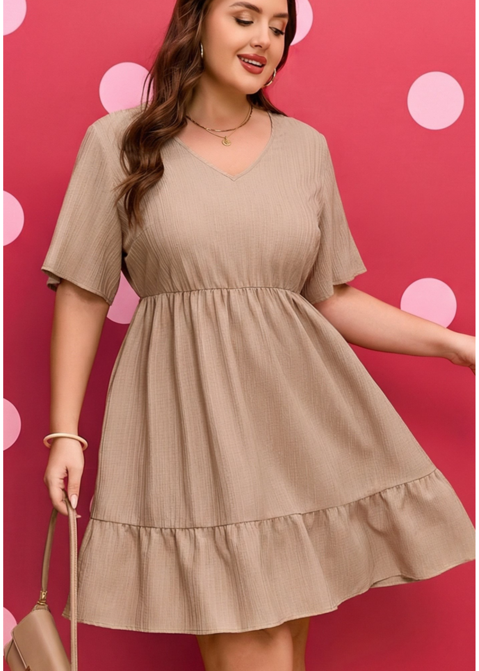 AWPL61349 - Plus Size V Neck Textured Ruffle Hem Baby Doll Dress