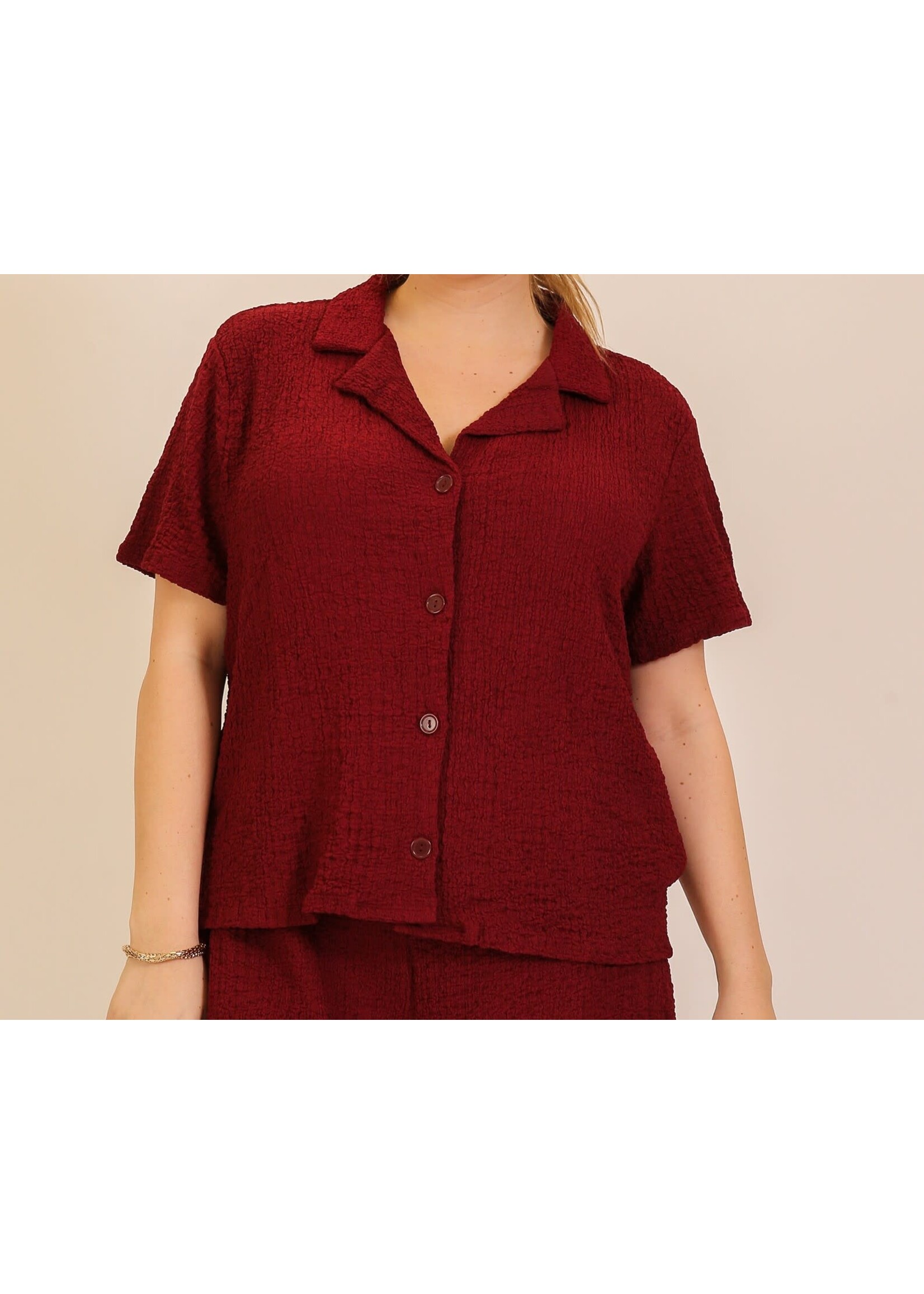 TMWN11434X - PLUS TEXTURED COLLARED SHORT SLEEVE BUTTON-UP TOP
