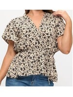 TPIT6606 - PLUS FLORAL FLUTTER SLEEVE SURPLICE PEPLUM TOP