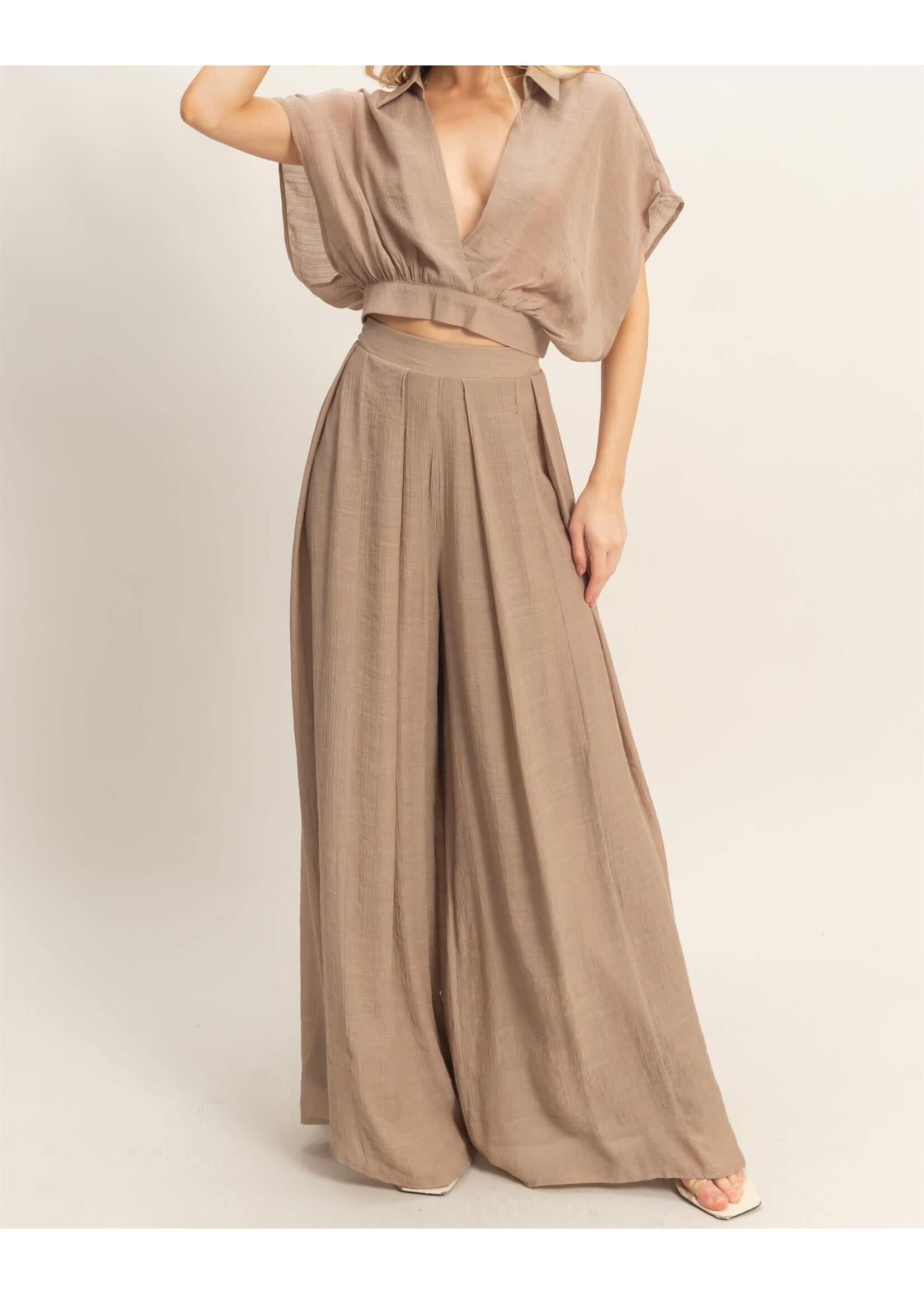 HFHF26C286 SET - COLLARED WRAP TOP & WIDE LEG PANTS