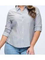 TPIT6665 - PLUS STRIPED BUTTON DOWN ROLLED-TAB SLEEVE TOP