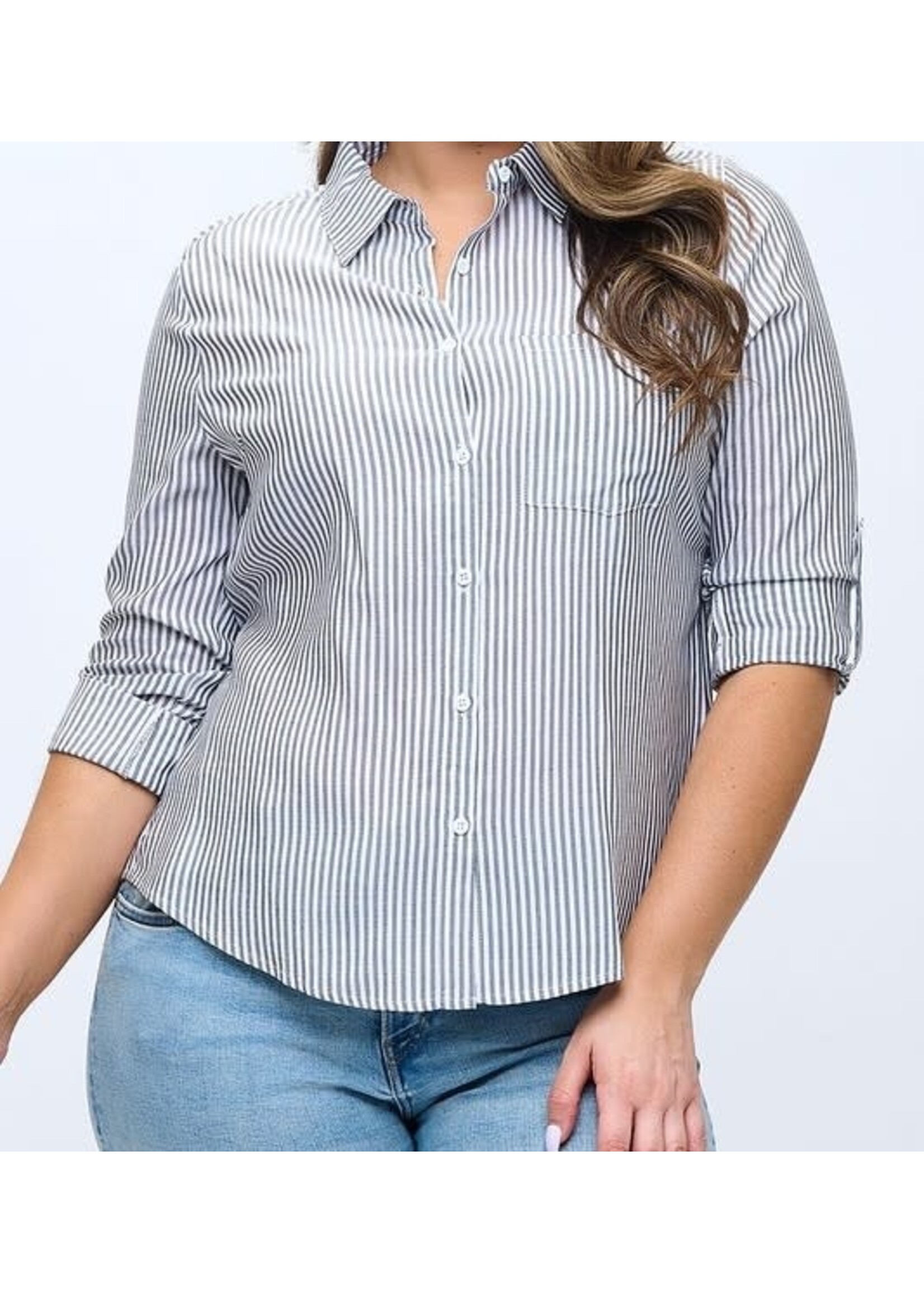 TPIT6665 - PLUS STRIPED BUTTON DOWN ROLLED-TAB SLEEVE TOP