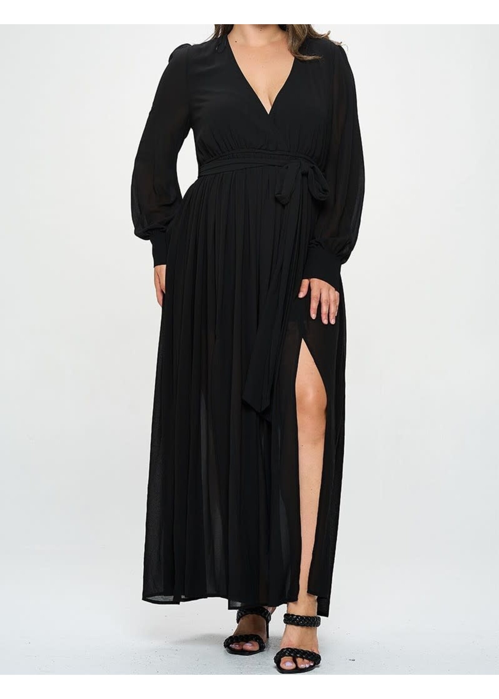TPITD5445 - PLUS CHIFFON LONG SLEEVE MAXI DRESS W/FRONT SLITS