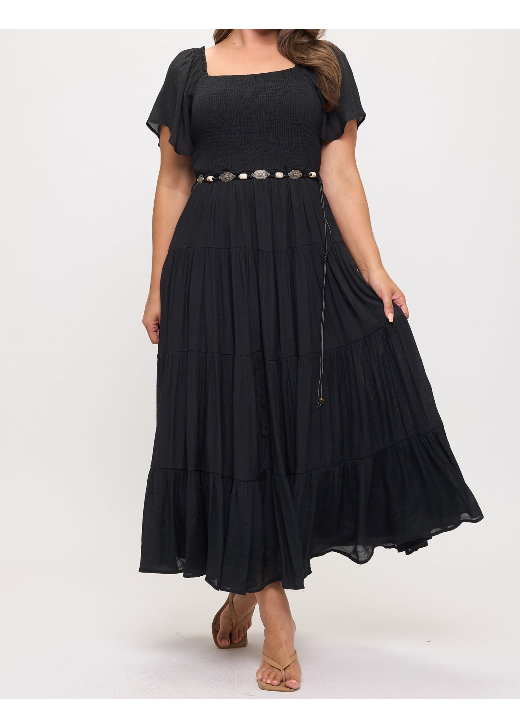 TPITD6621 - PLUS FLUTTER SLEEVE TIERED MAXI DRESS W/BELT