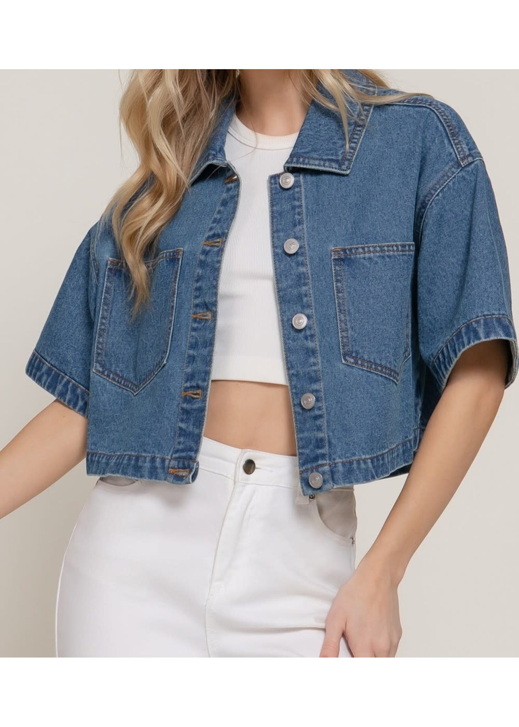 ACJ14363 - SHORT SLEEVE BOXY OVERSIZED CROP DENIM JACKET