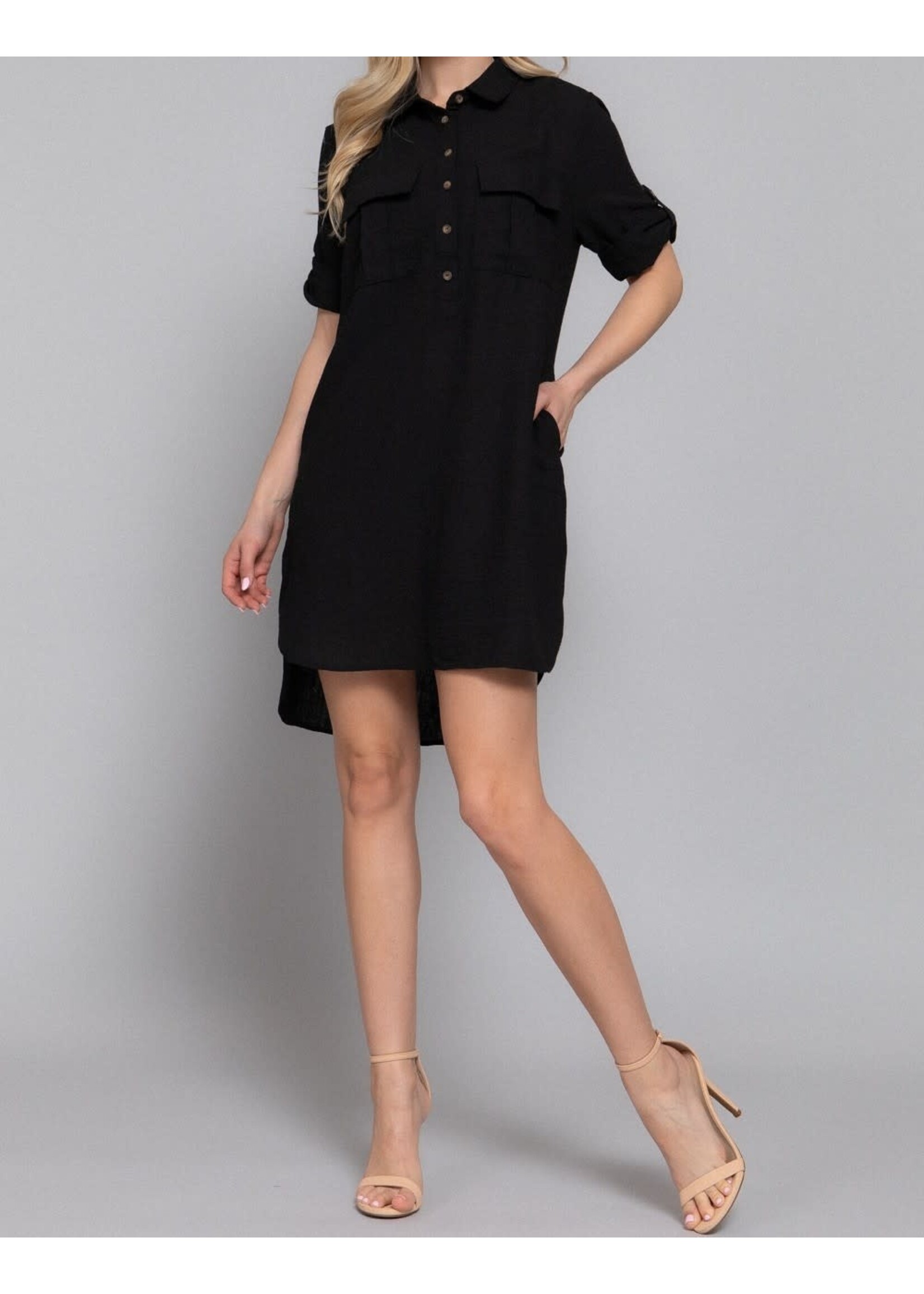 ACD14233 - ROLL-UP SLEEVE LINEN EFFECT DRESS
