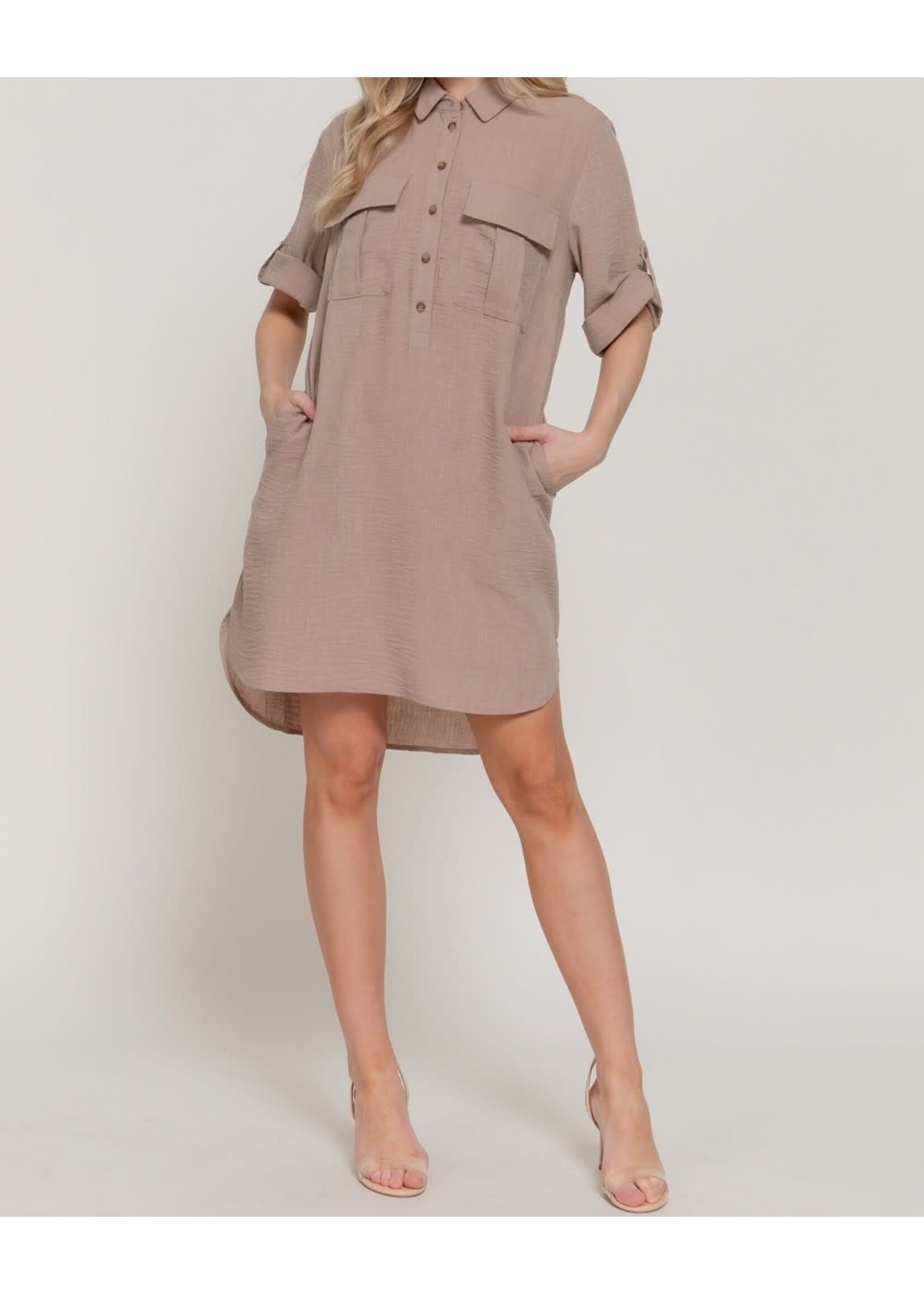 ACD14233 - ROLL-UP SLEEVE LINEN EFFECT DRESS