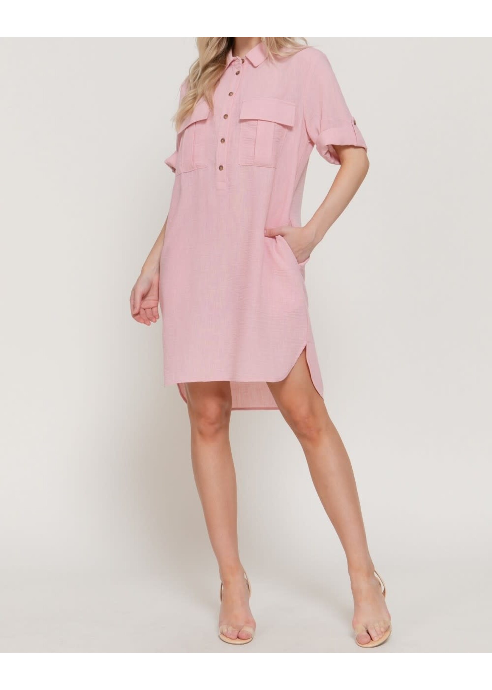 ACD14233 - ROLL-UP SLEEVE LINEN EFFECT DRESS