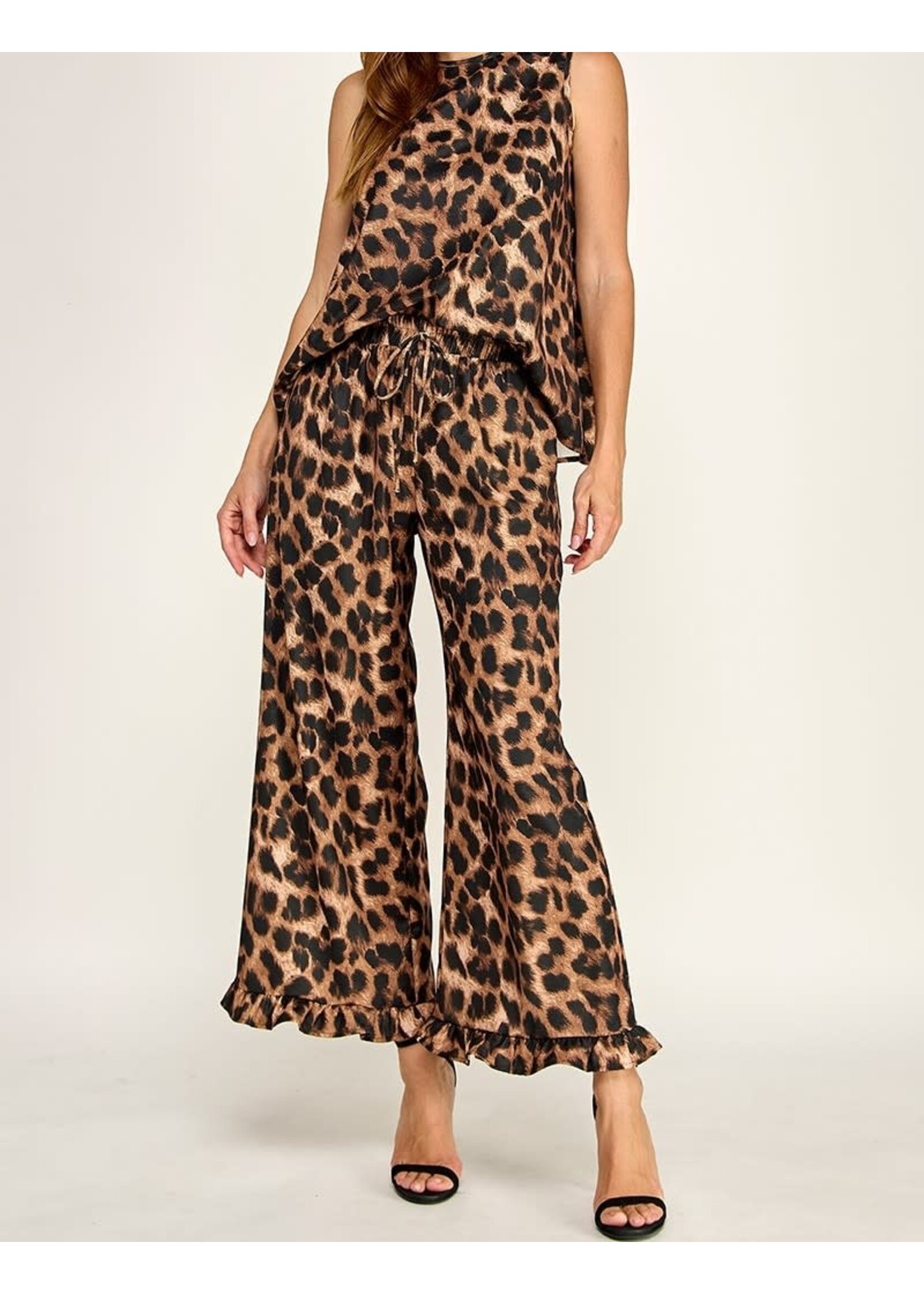 2HST4186 - ANIMAL PRINT SET - SLEEVELESS SCOOP BACK TOP, WIDE LEG RUFFLE TRIM PANT