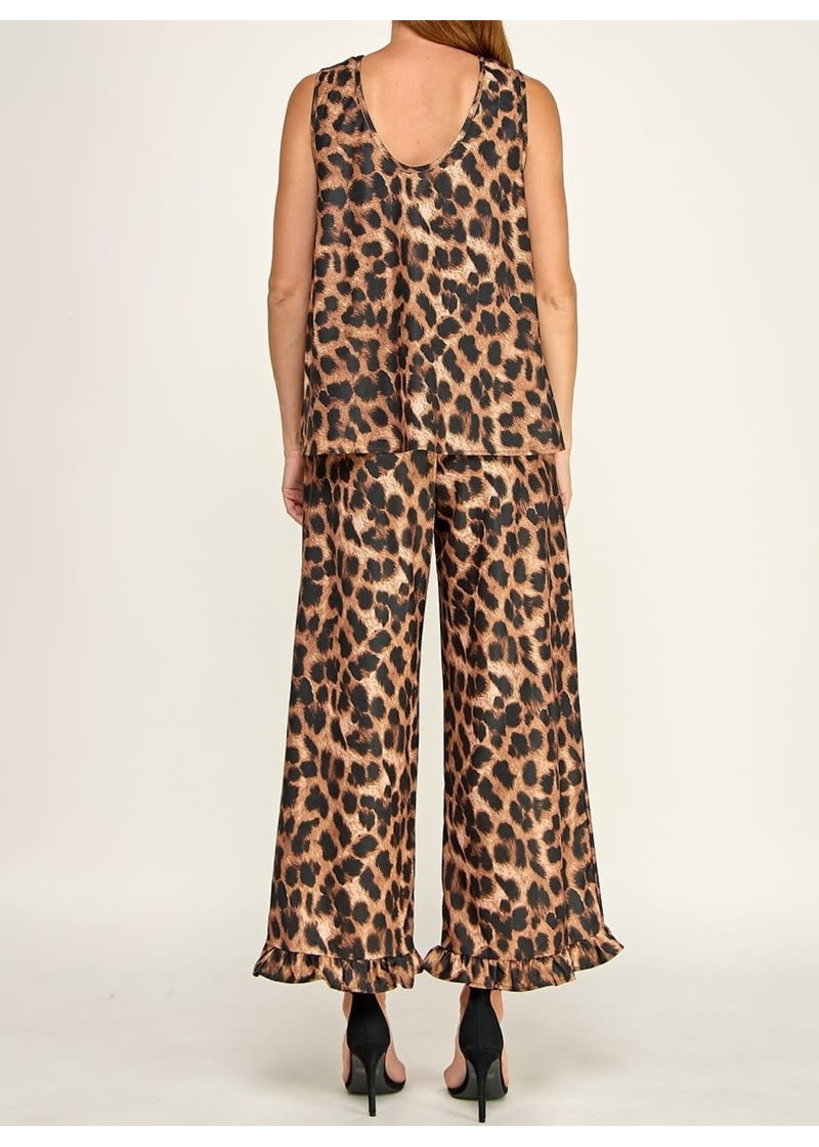 2HST4186 - ANIMAL PRINT SET - SLEEVELESS SCOOP BACK TOP, WIDE LEG RUFFLE TRIM PANT