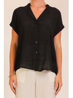 TMWN9962 - TEXTURED GAUZE VNECK, FRONT BUTTON, ROLLED CUFF  SHORT SLEEVE TOP