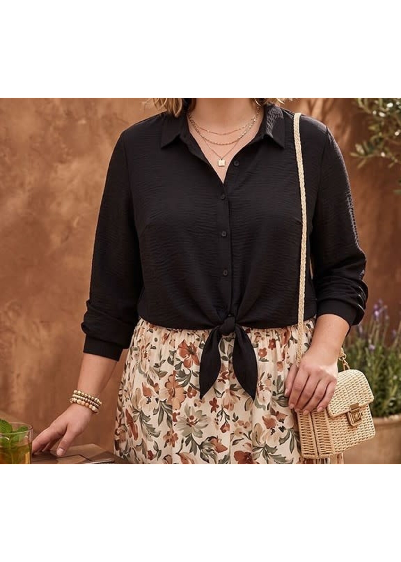 TMMN4139X - PLUS COLLARED, FRONT BUTTON, TIE FRONT, LONG SLEEVE TOP