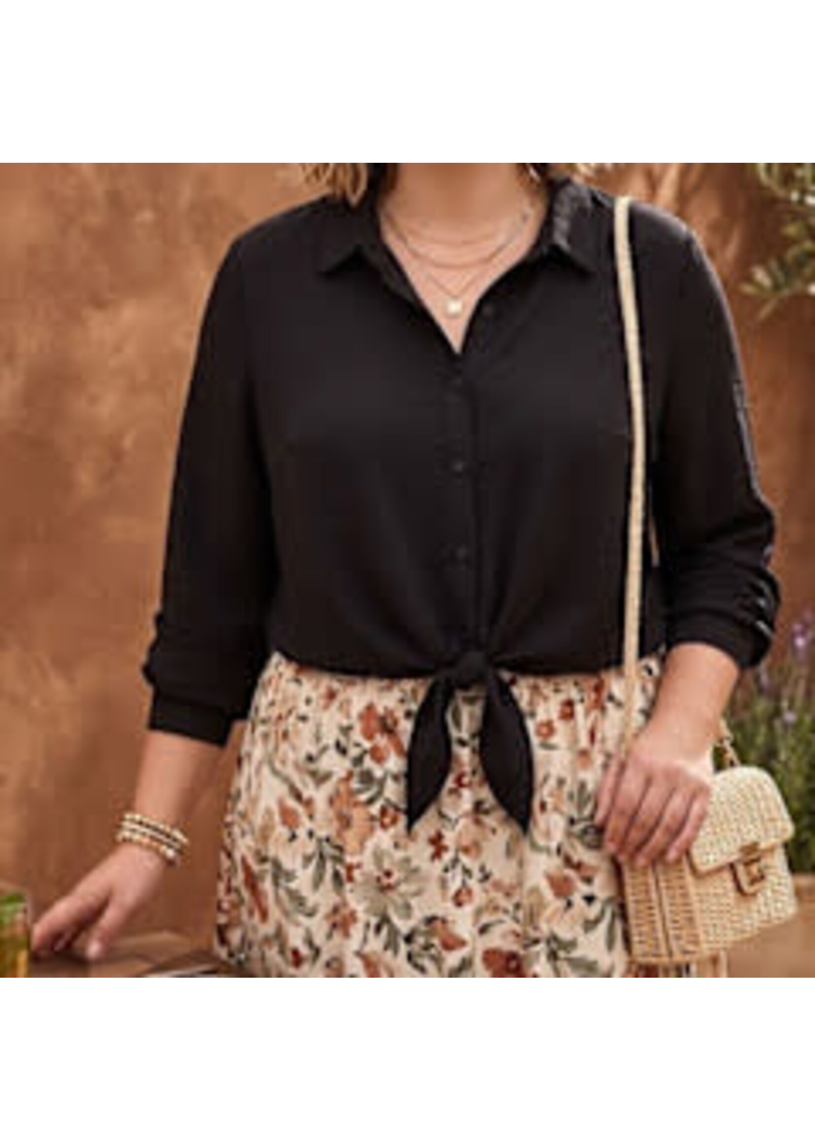 TMMN4139X - PLUS COLLARED, FRONT BUTTON, TIE FRONT, LONG SLEEVE TOP