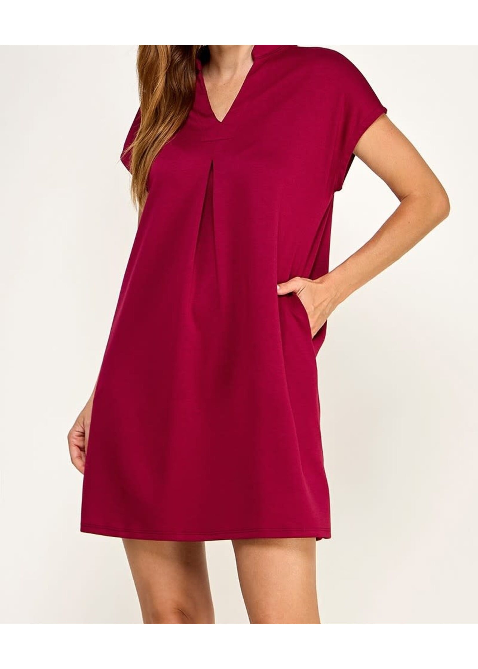 2HD4192 - SCUBA KNIT DRESS MANDARIN COLLAR FRONT PLEAT DETAIL