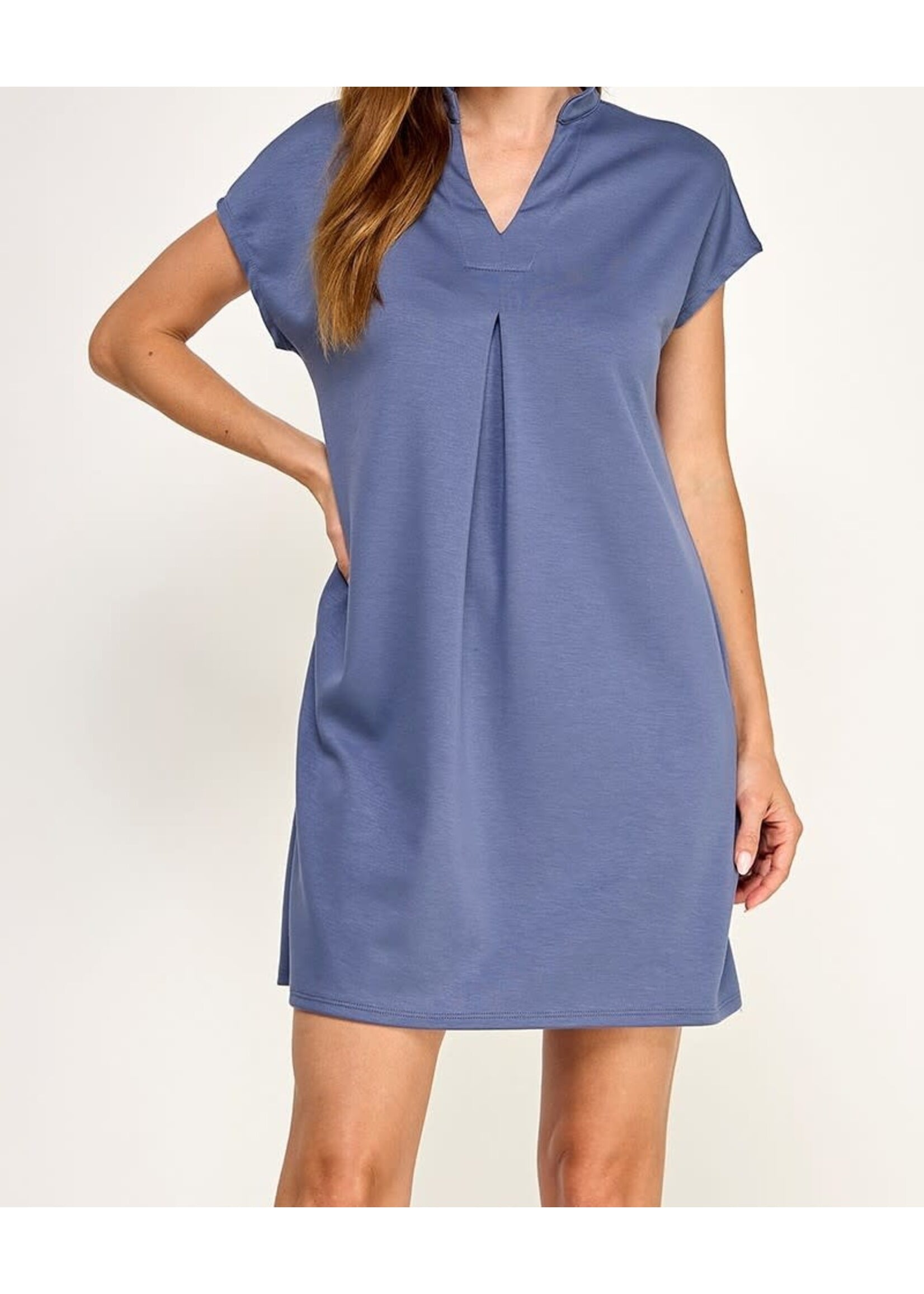 2HD4192 - SCUBA KNIT DRESS MANDARIN COLLAR FRONT PLEAT DETAIL