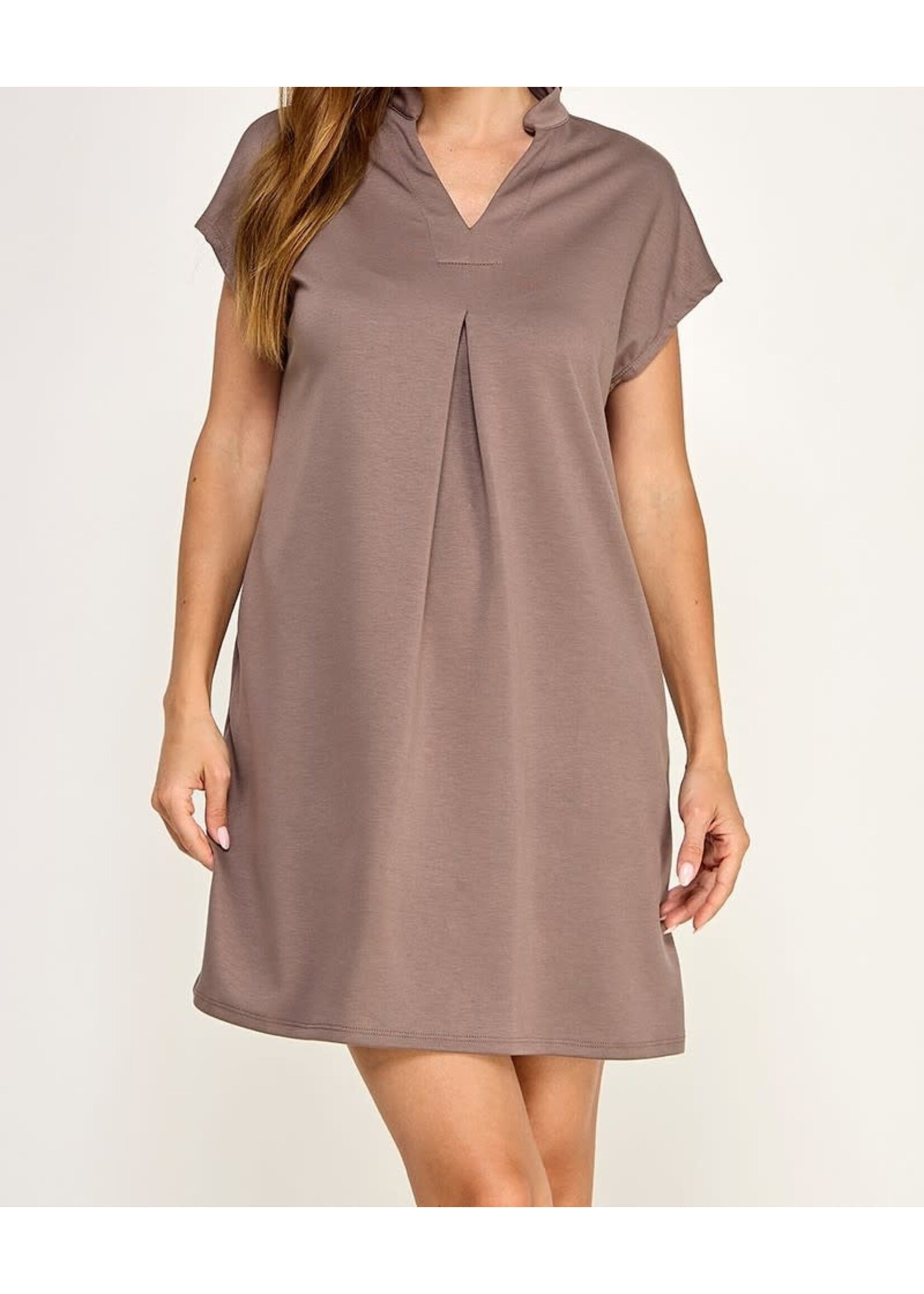 2HD4192 - SCUBA KNIT DRESS MANDARIN COLLAR FRONT PLEAT DETAIL
