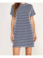 2HD4197 - STRIPED RIB KNIT CREW NECK SHORT SLEEVE DRESS