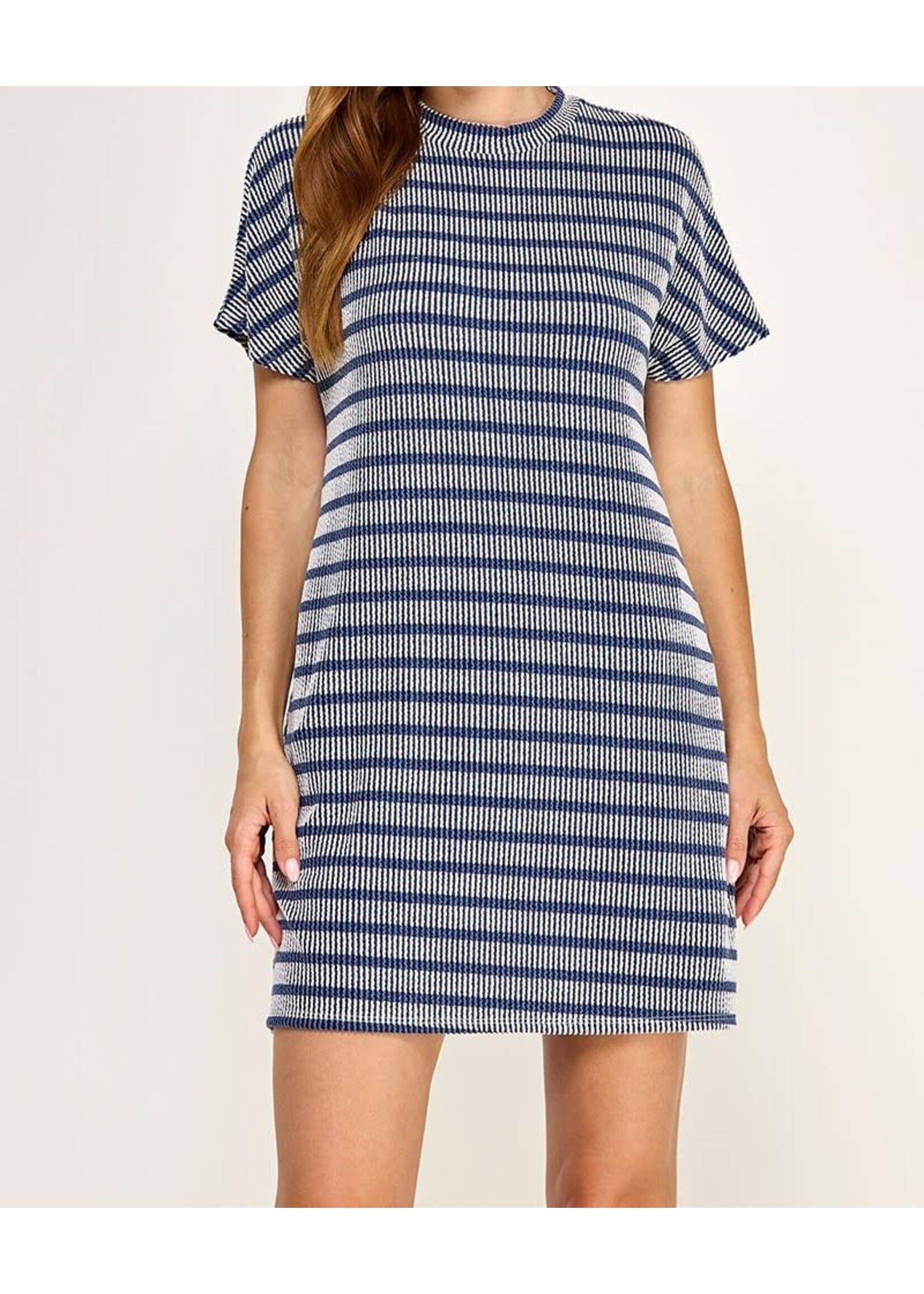 2HD4197 - STRIPED RIB KNIT CREW NECK SHORT SLEEVE DRESS