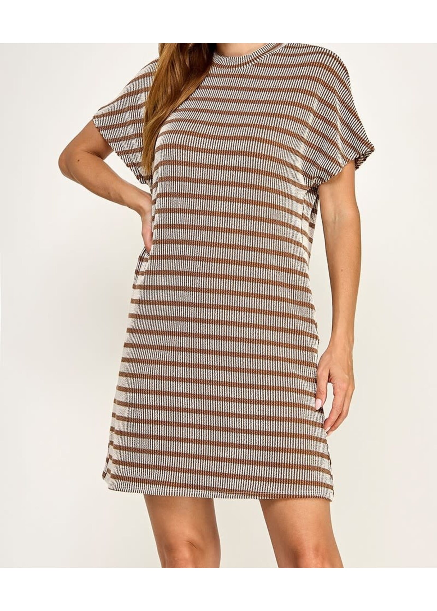 2HD4197 - STRIPED RIB KNIT CREW NECK SHORT SLEEVE DRESS